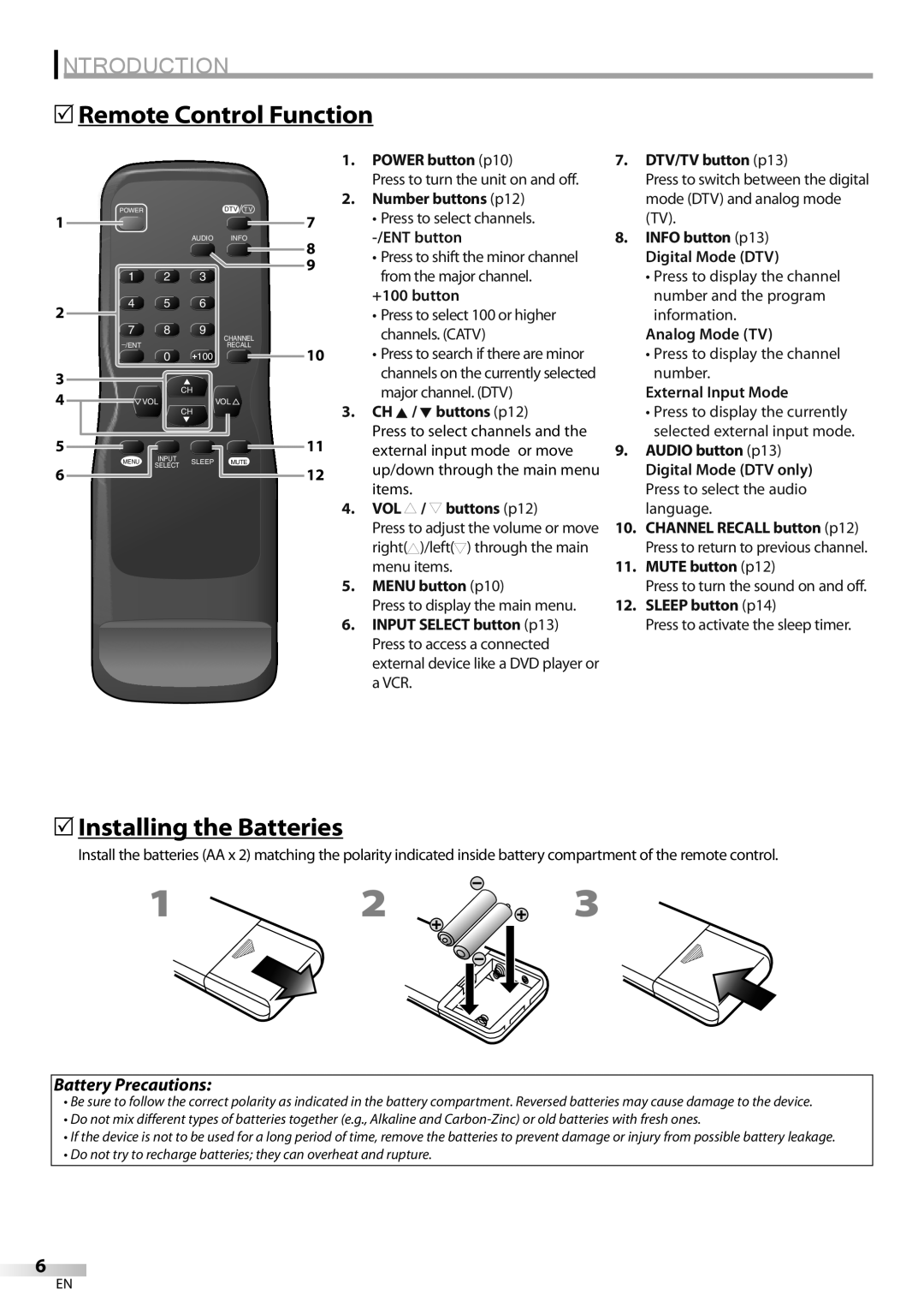FUNAI CR130DR8 5Remote Control Function, 5Installing the Batteries, Introduction, Battery Precautions, POWER button p10 