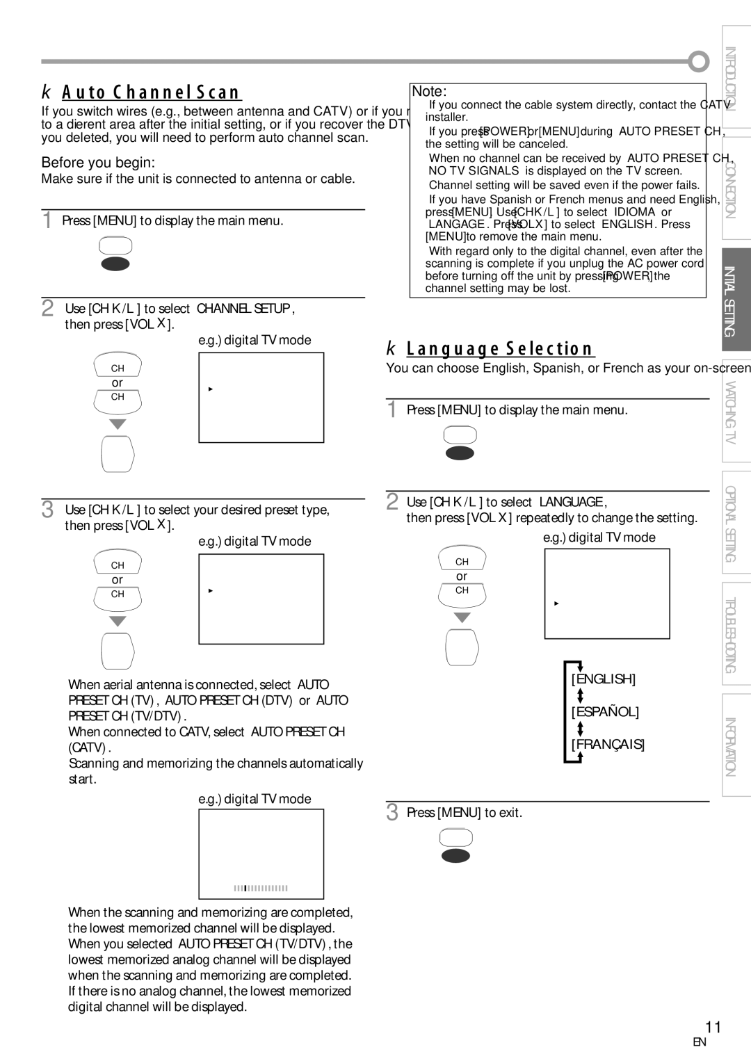 FUNAI CR130TT8 Auto Channel Scan, Language Selection, Press Menu to display the main menu, English Español Français 