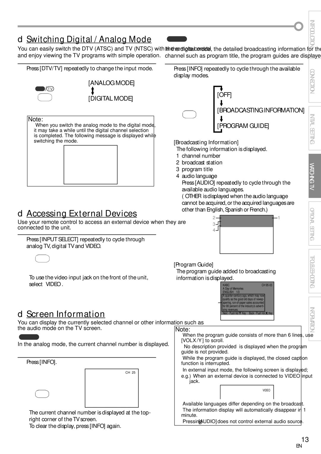 FUNAI CR130TT8 owner manual Switching Digital / Analog Mode, Accessing External Devices, Screen Information 