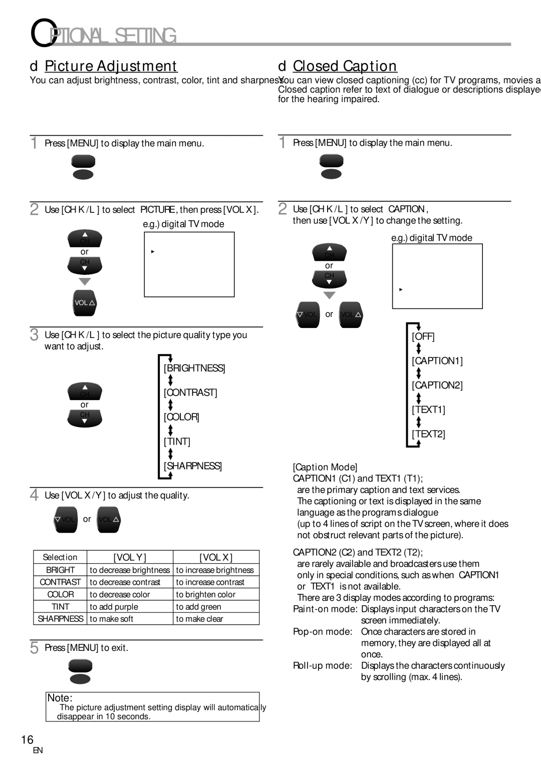 FUNAI CR130TT8 owner manual Picture Adjustment, Closed Caption 