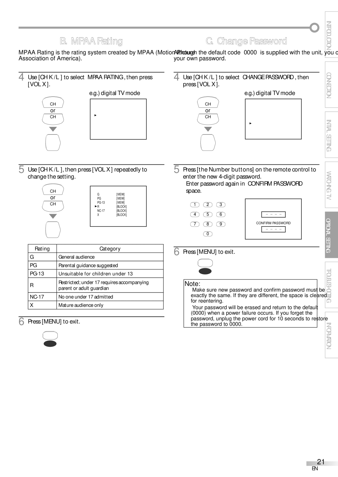 FUNAI CR130TT8 owner manual Mpaa Rating, Enter password again in Confirm Password space 