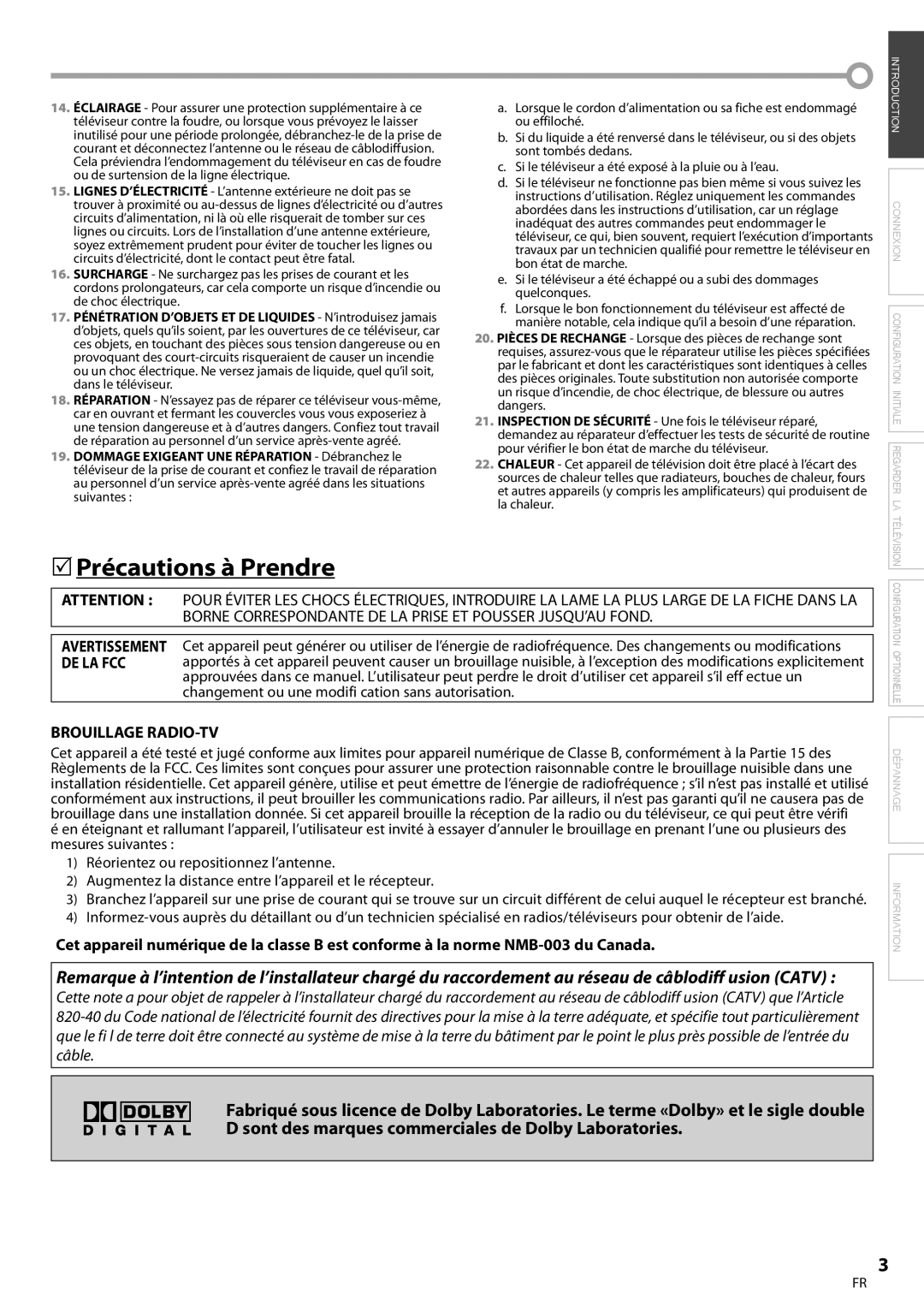 FUNAI CR130TT8 owner manual Précautions à Prendre, Brouillage RADIO-TV 