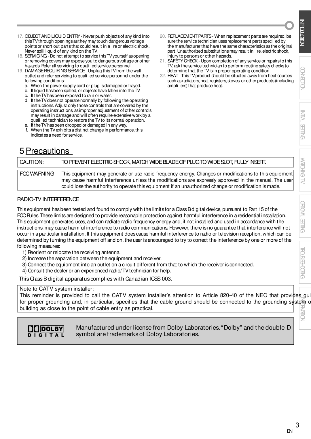 FUNAI CR130TT8 owner manual Precautions, RADIO-TV Interference 