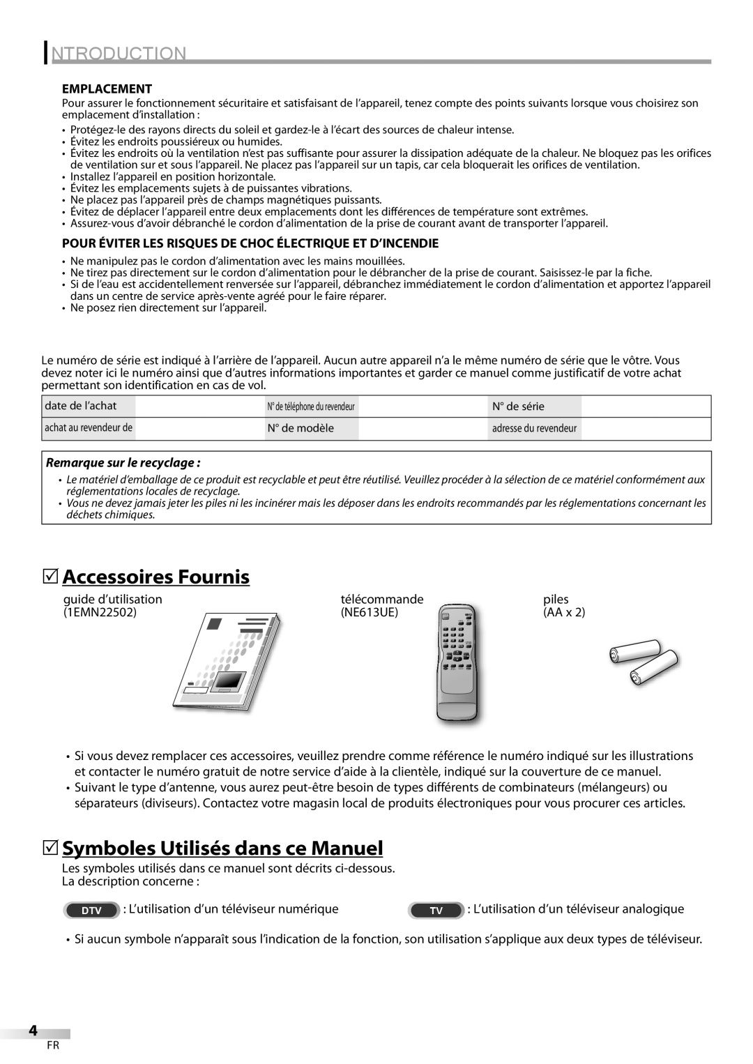 FUNAI CR130TT8 owner manual Accessoires Fournis, Symboles Utilisés dans ce Manuel, Emplacement, Piles AA x 