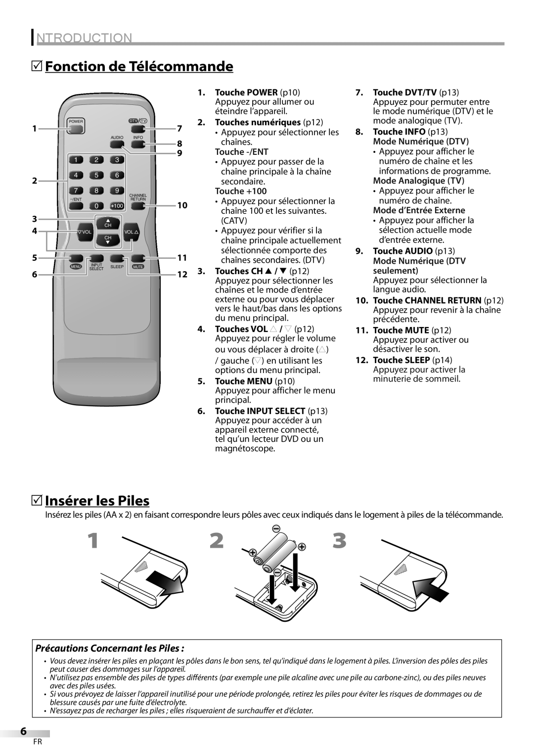 FUNAI CR130TT8 owner manual Fonction de Télécommande, Insérer les Piles, Précautions Concernant les Piles 