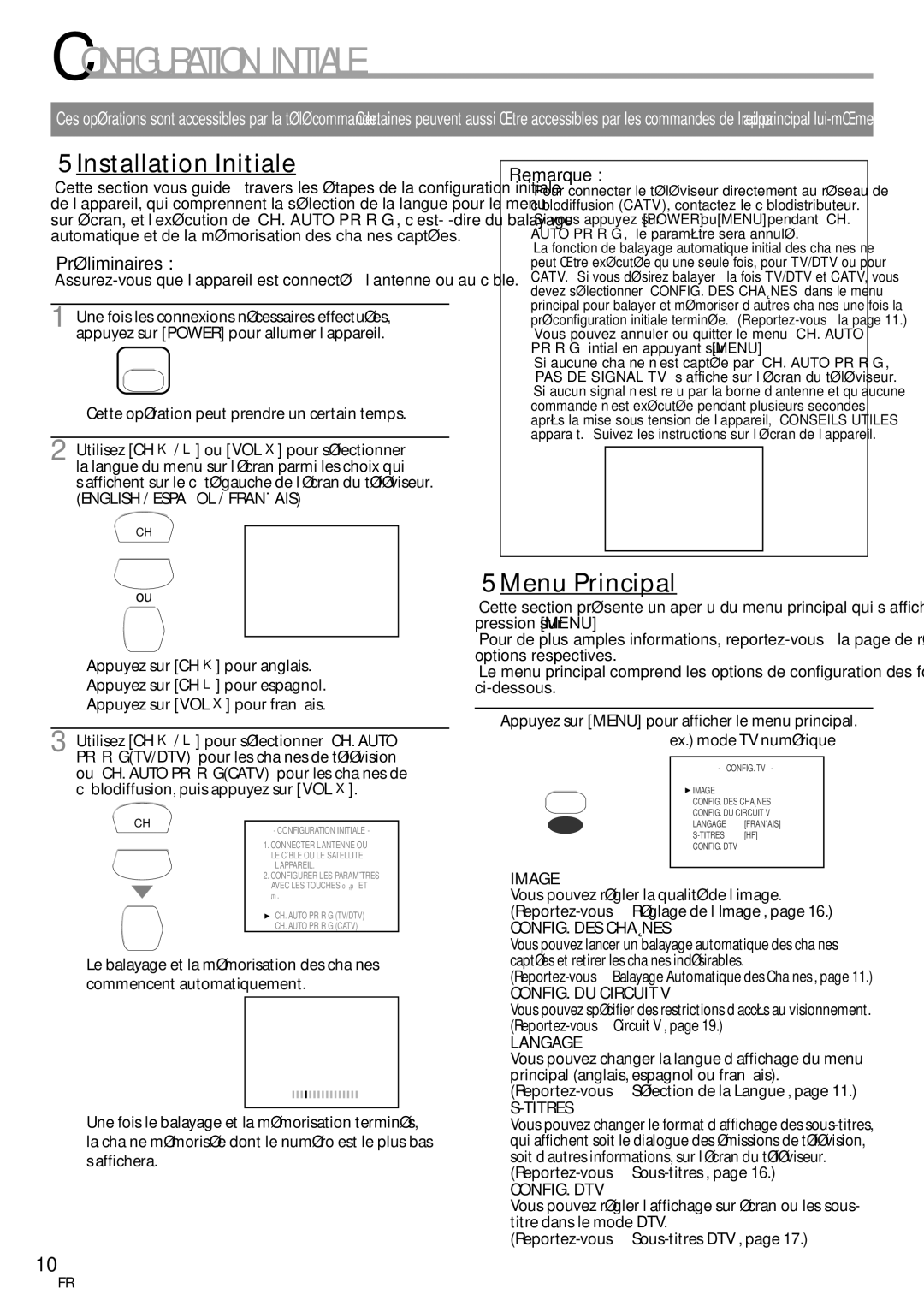 FUNAI CR130TT8 owner manual Configuration Initiale, Installation Initiale, Menu Principal, Préliminaires 