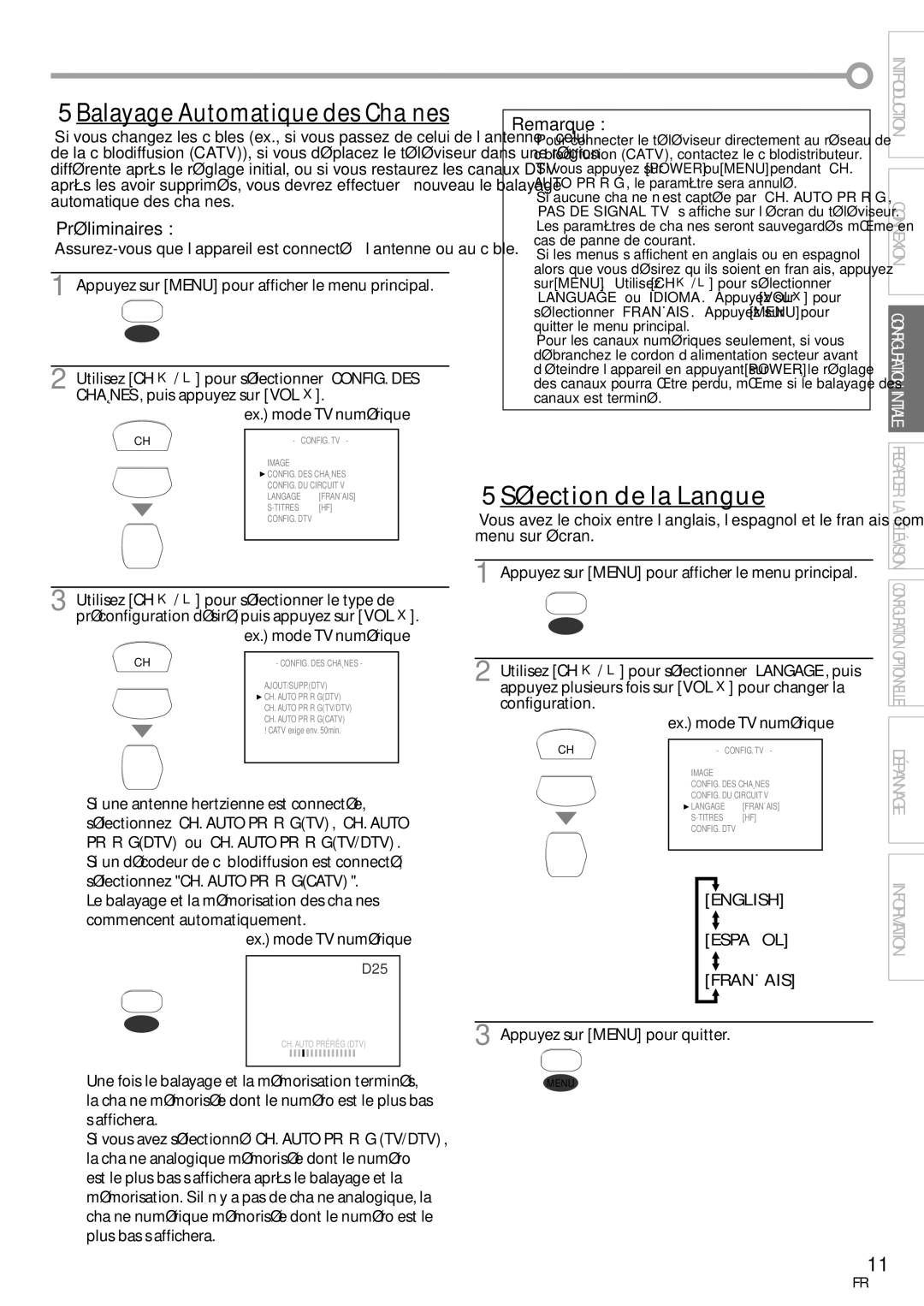 FUNAI CR130TT8 owner manual 5Sélection de la Langue, Menu sur écran, Ex. mode TV numérique, English, Español Français 