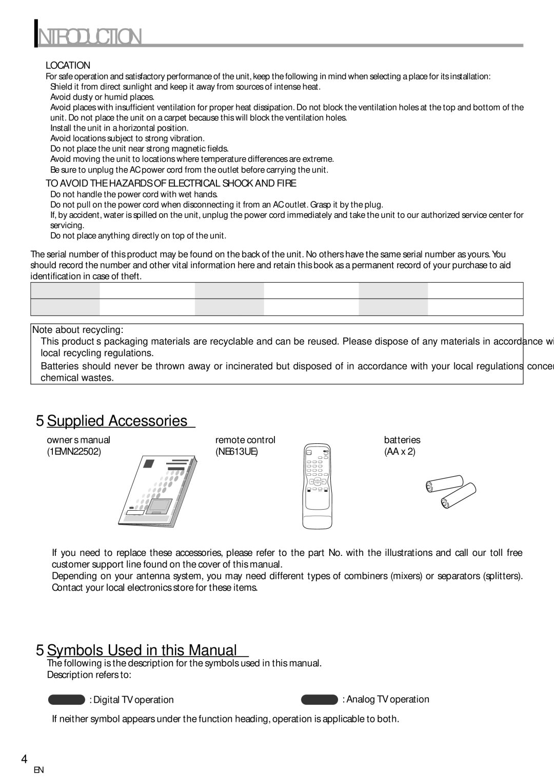 FUNAI CR130TT8 owner manual Supplied Accessories, Symbols Used in this Manual, Location 