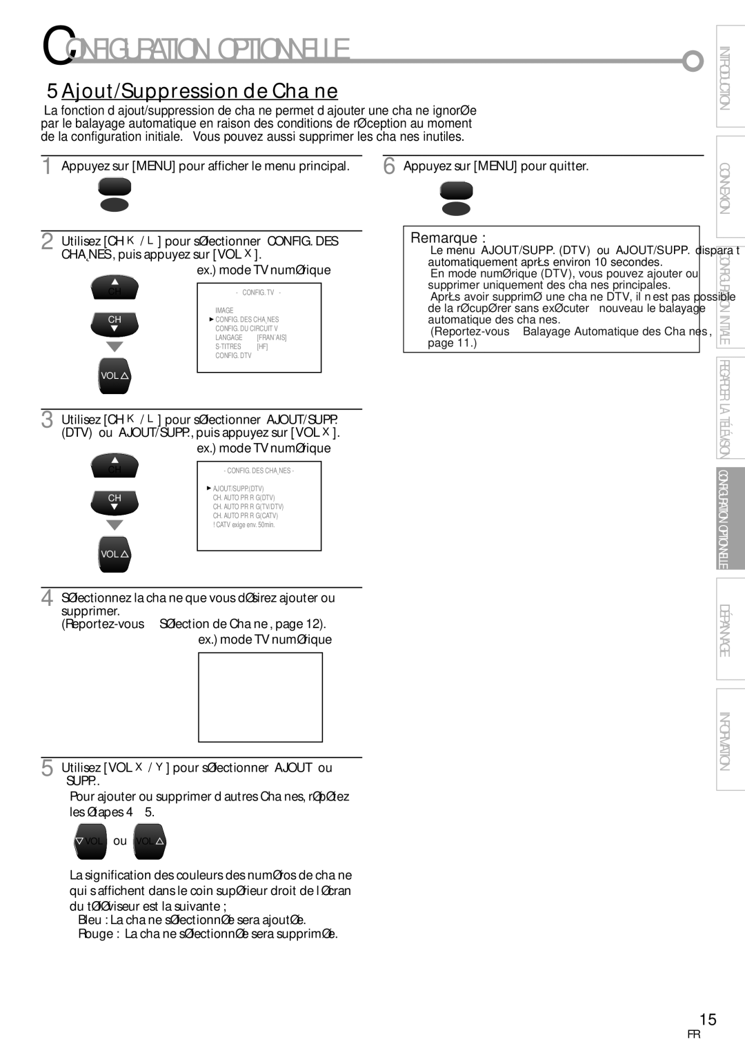 FUNAI CR130TT8 owner manual Configuration Optionnelle, Ajout/Suppression de Chaîne 