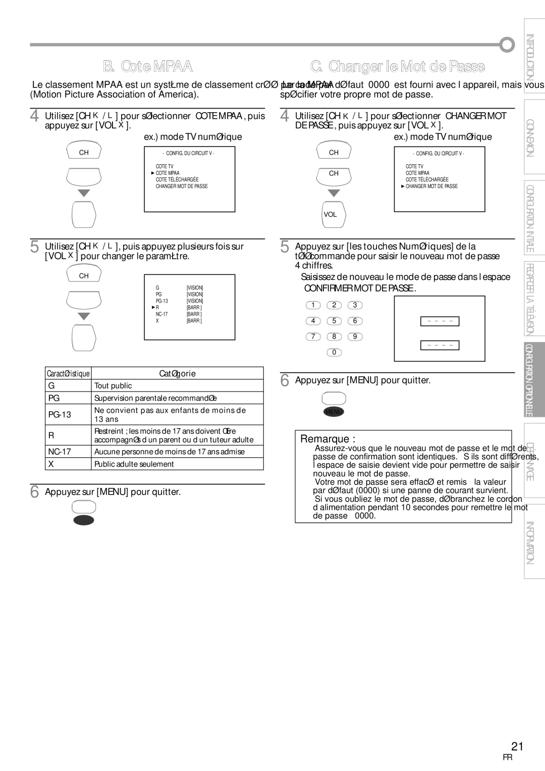 FUNAI CR130TT8 owner manual DE PASSE, puis appuyez sur VOL Ex. mode TV numérique, Appuyez sur les touches, Numériques de la 