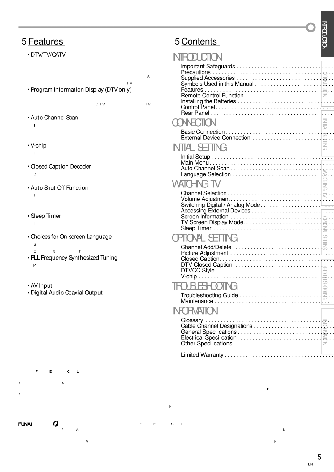 FUNAI CR130TT8 owner manual Features, Contents, Dtv/Tv/Catv 