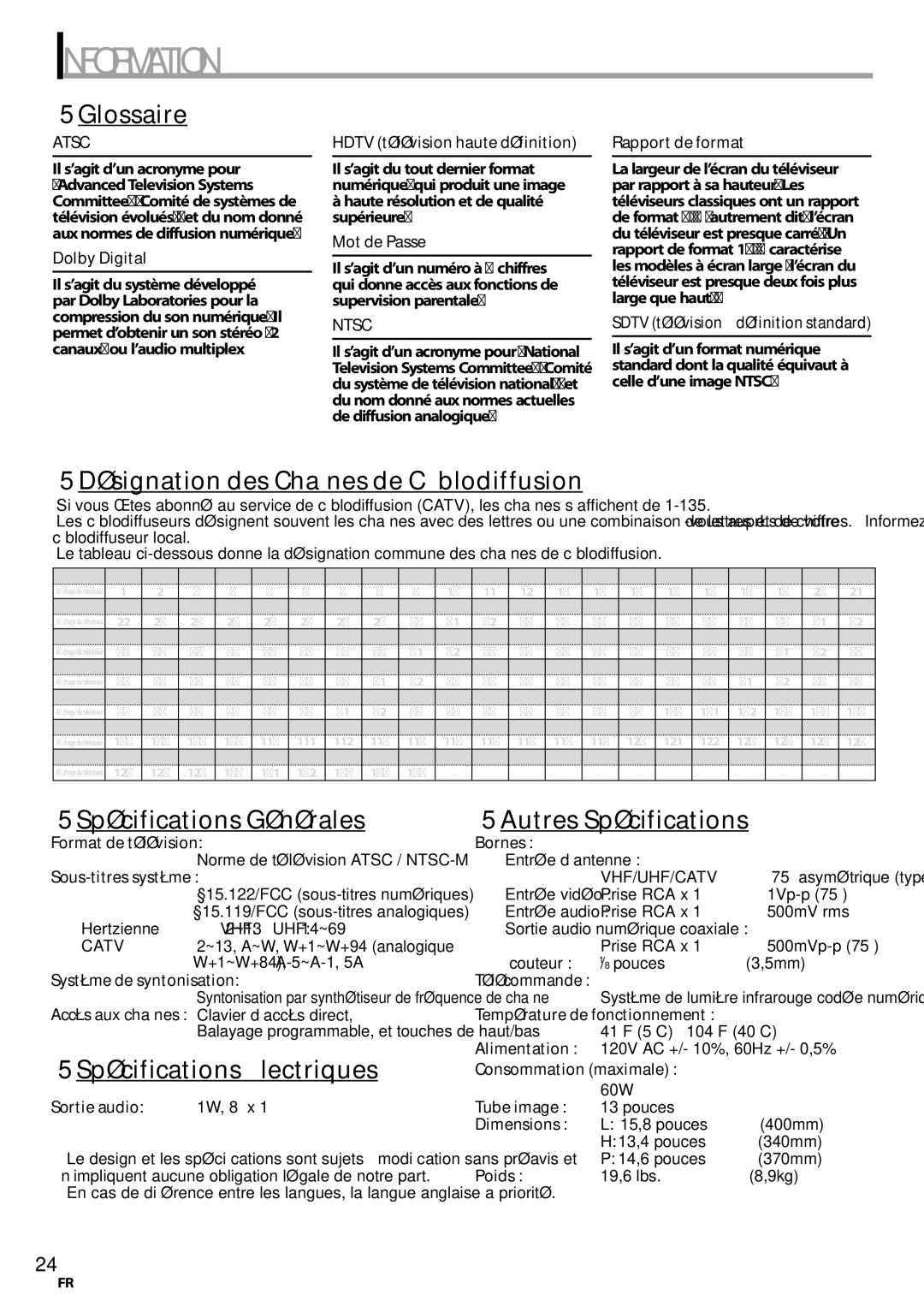 FUNAI CR130TT8 Glossaire, Désignation des Chaînes de Câblodiffusion, Spécifications Générales, Spécifications Électriques 