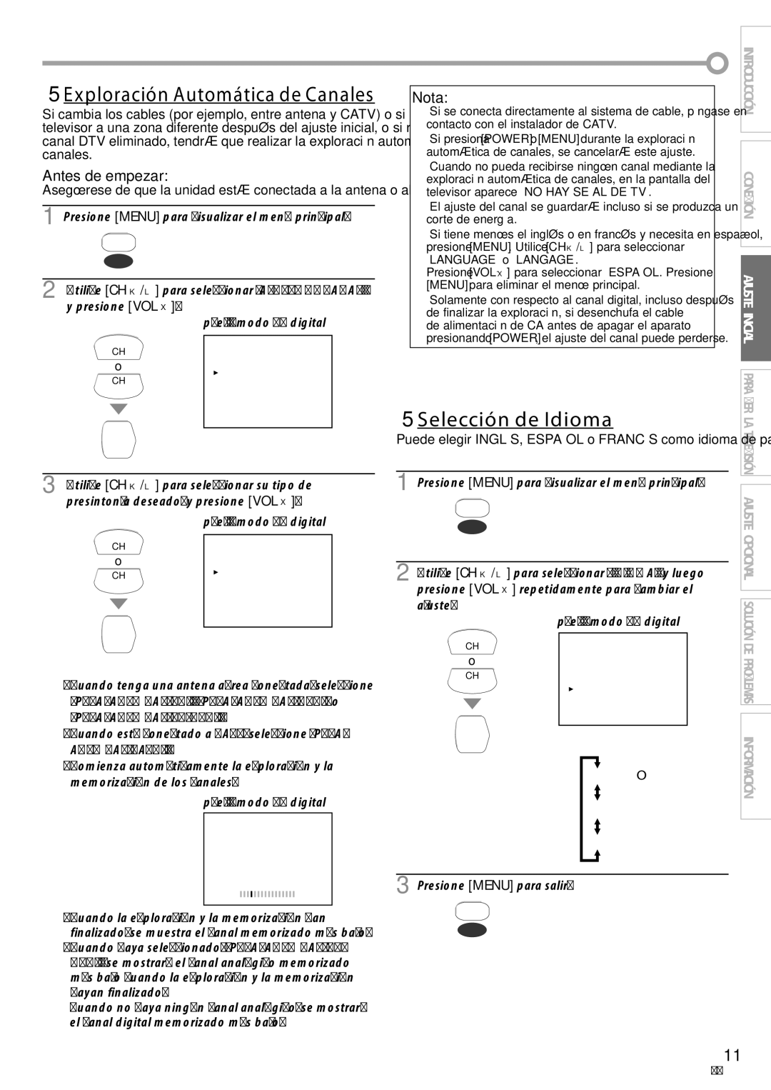 FUNAI CR130TT8 owner manual Presione Menu para visualizar el menú principal, Utilice CH K/L para seleccionar su tipo de 