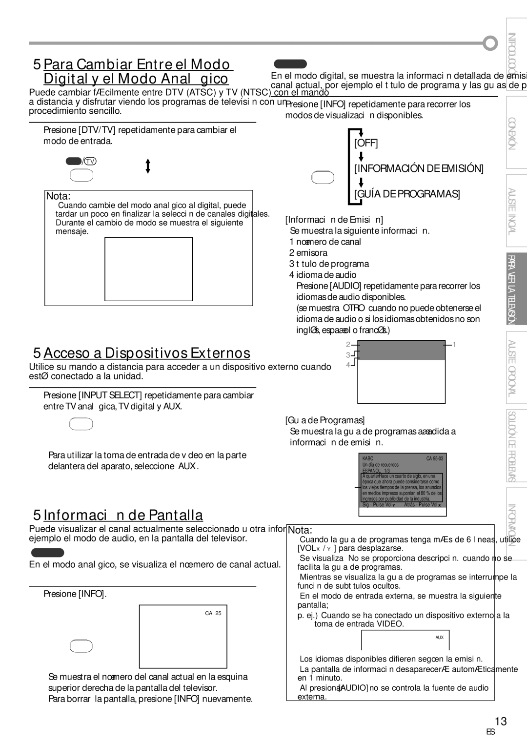 FUNAI CR130TT8 Para Cambiar Entre el Modo Digital y el Modo Analógico, Acceso a Dispositivos Externos, Guía de Programas 