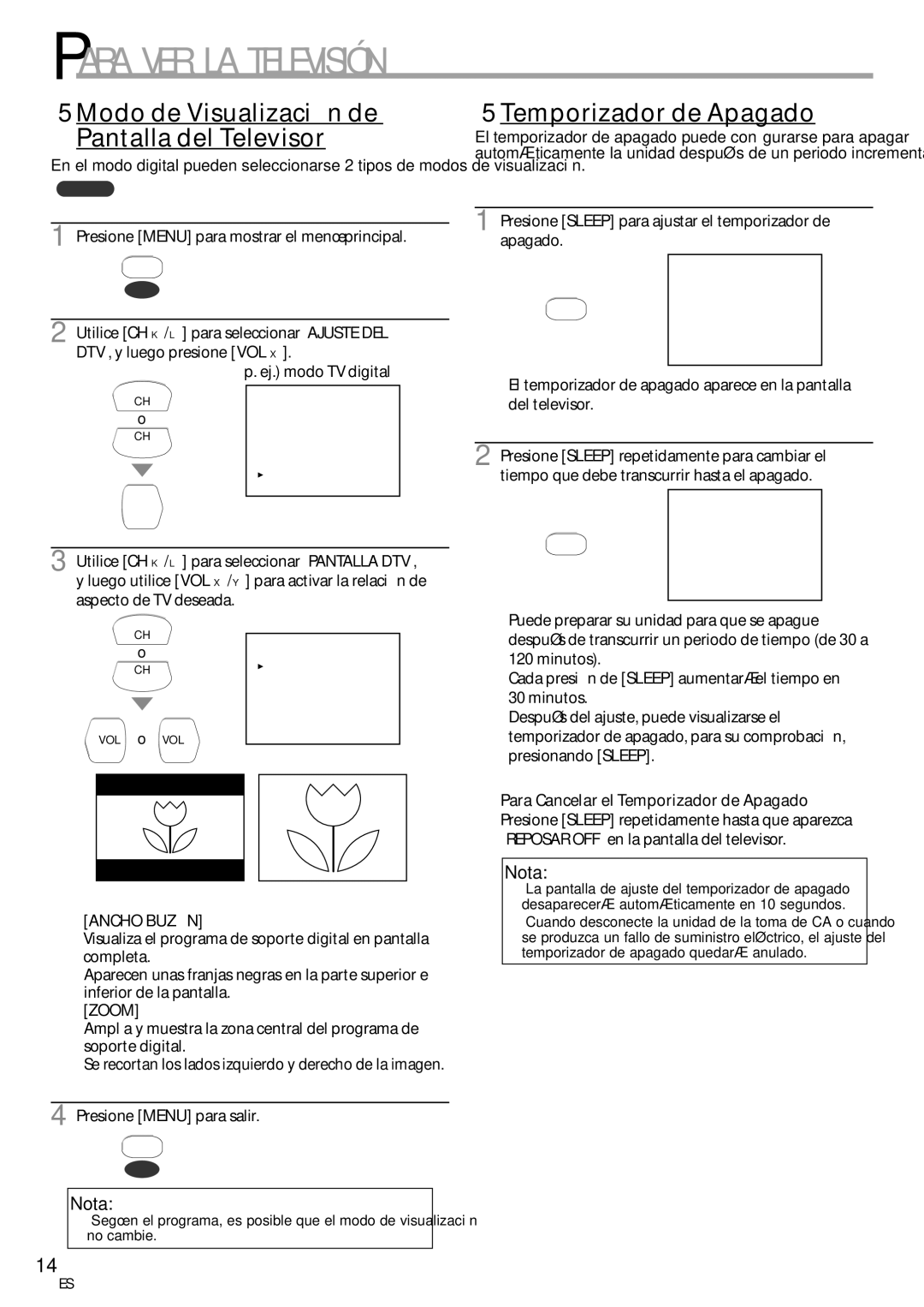 FUNAI CR130TT8 owner manual Modo de Visualización de Pantalla del Televisor, Temporizador de Apagado, Ancho Buzón 