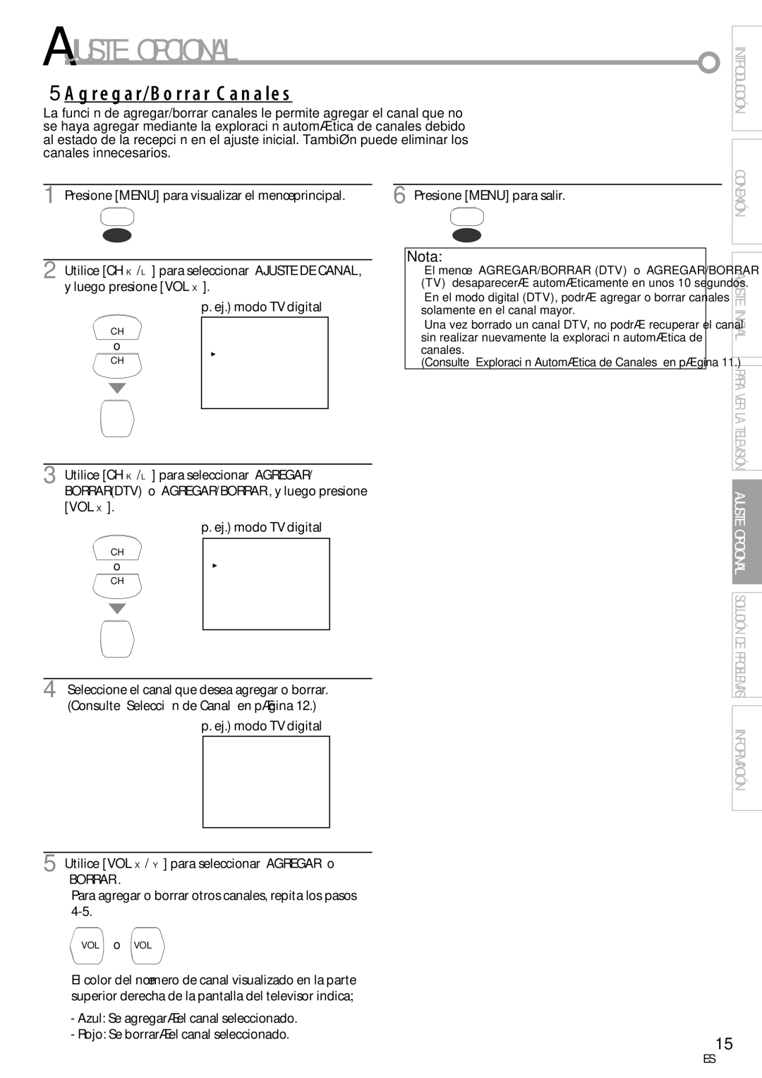 FUNAI CR130TT8 owner manual Ajuste Opcional, Agregar/Borrar Canales, Ej. modo TV digital 