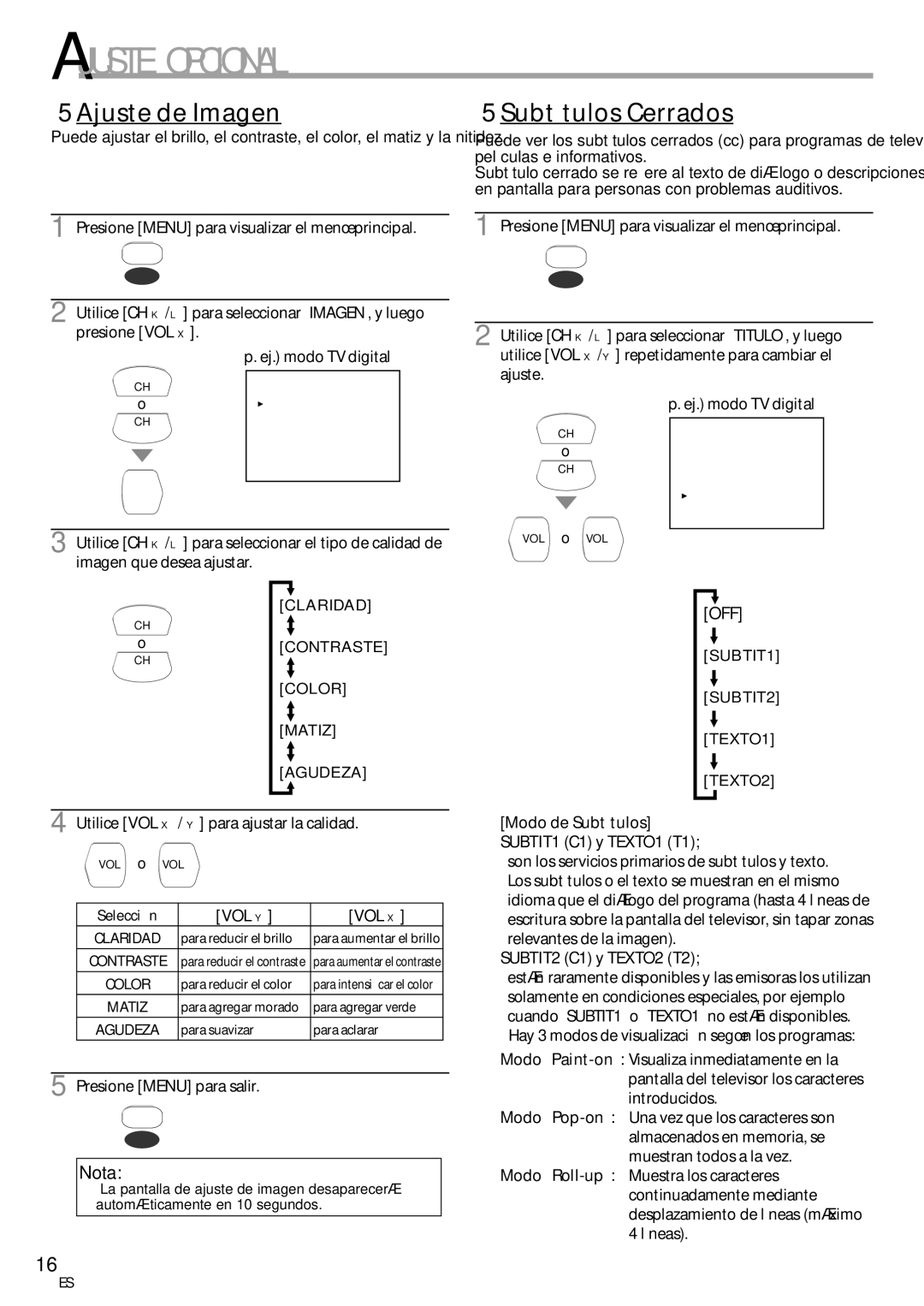 FUNAI CR130TT8 owner manual Ajuste de Imagen, Subtítulos Cerrados, Off, Utilice VOL X / Y para ajustar la calidad 