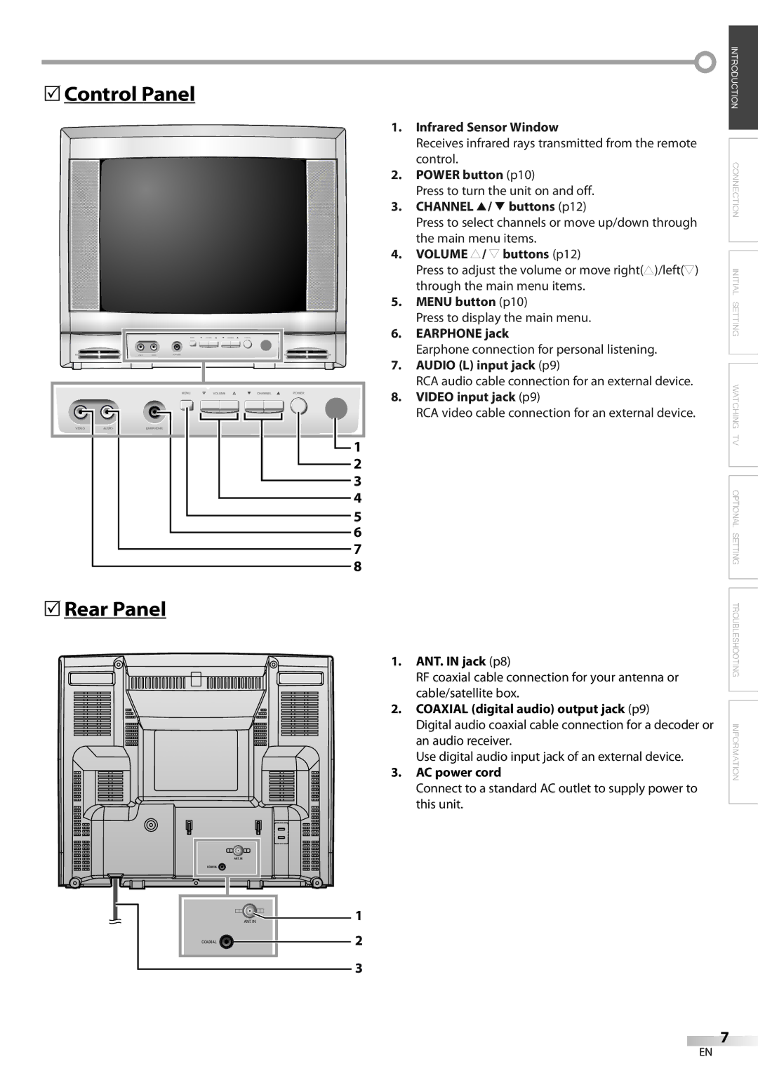 FUNAI CR130TT8 owner manual Control Panel, Rear Panel, ANT. in jack p8, Coaxial digital audio output jack p9, AC power cord 