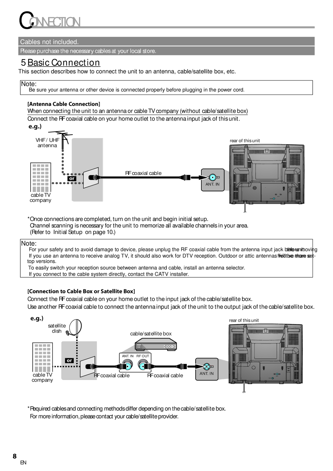 FUNAI CR130TT8 owner manual Basic Connection, Antenna Cable Connection, Connection to Cable Box or Satellite Box 