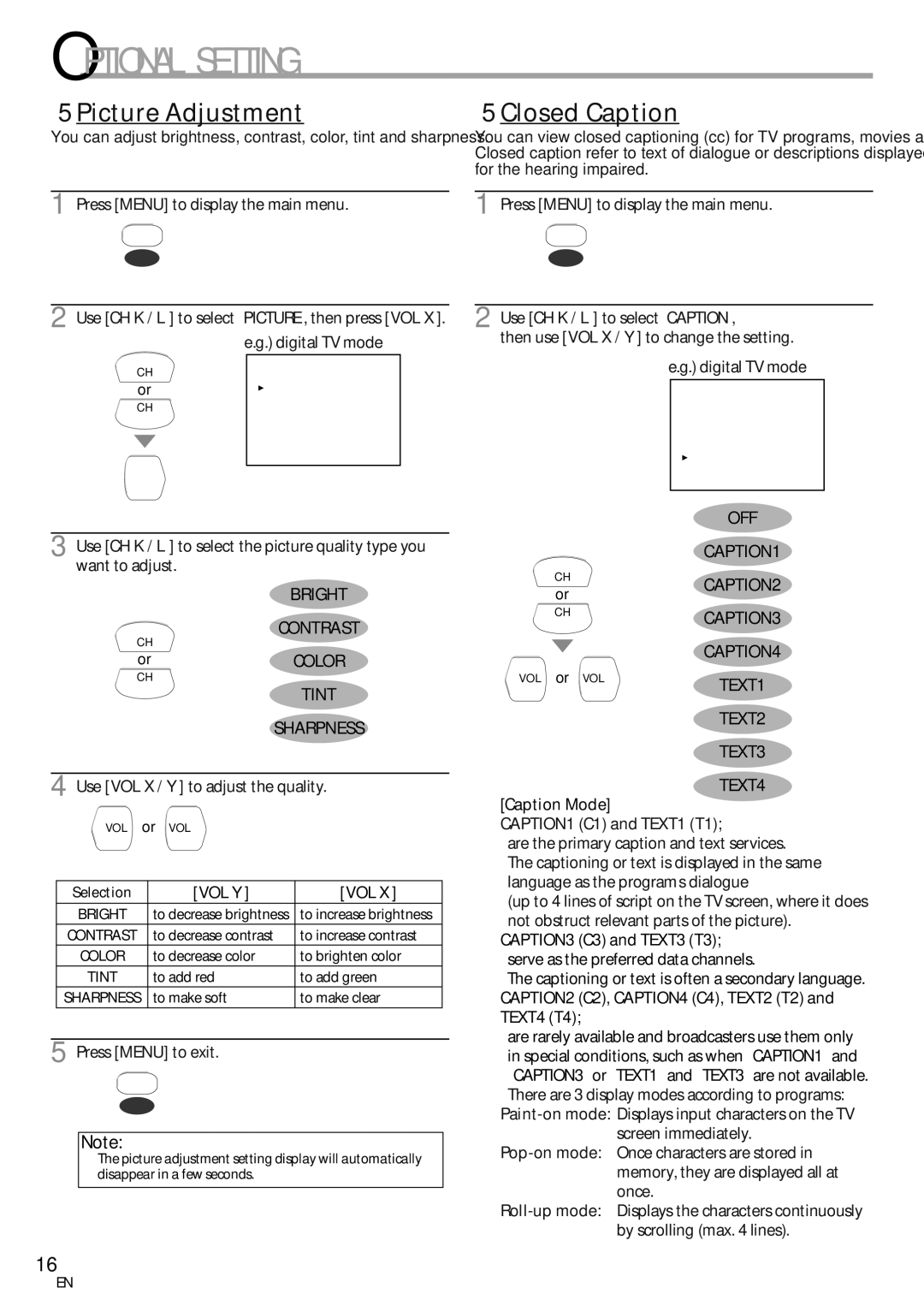 FUNAI CR202EM9 owner manual 5Picture Adjustment, OFF CAPTION1 Bright CAPTION2 Contrast, Tint Sharpness, CAPTION3, CAPTION4 