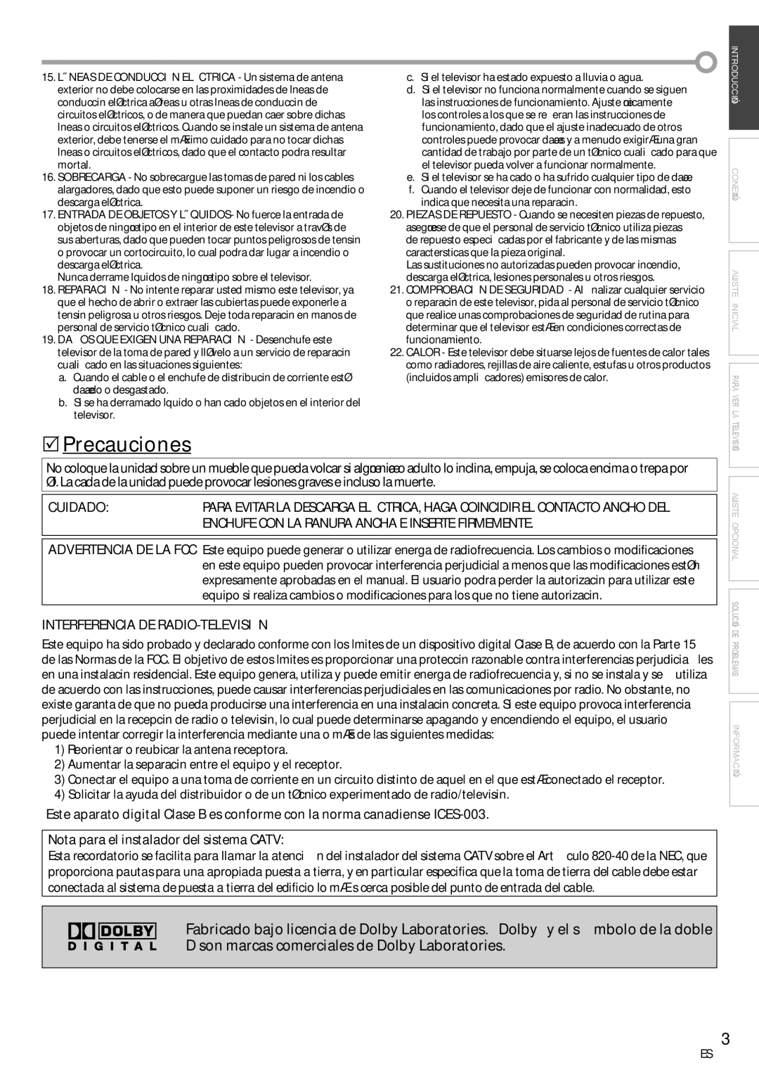 FUNAI CR202EM9 owner manual Precauciones, Cuidado, Interferencia DE RADIO-TELEVISIÓN 