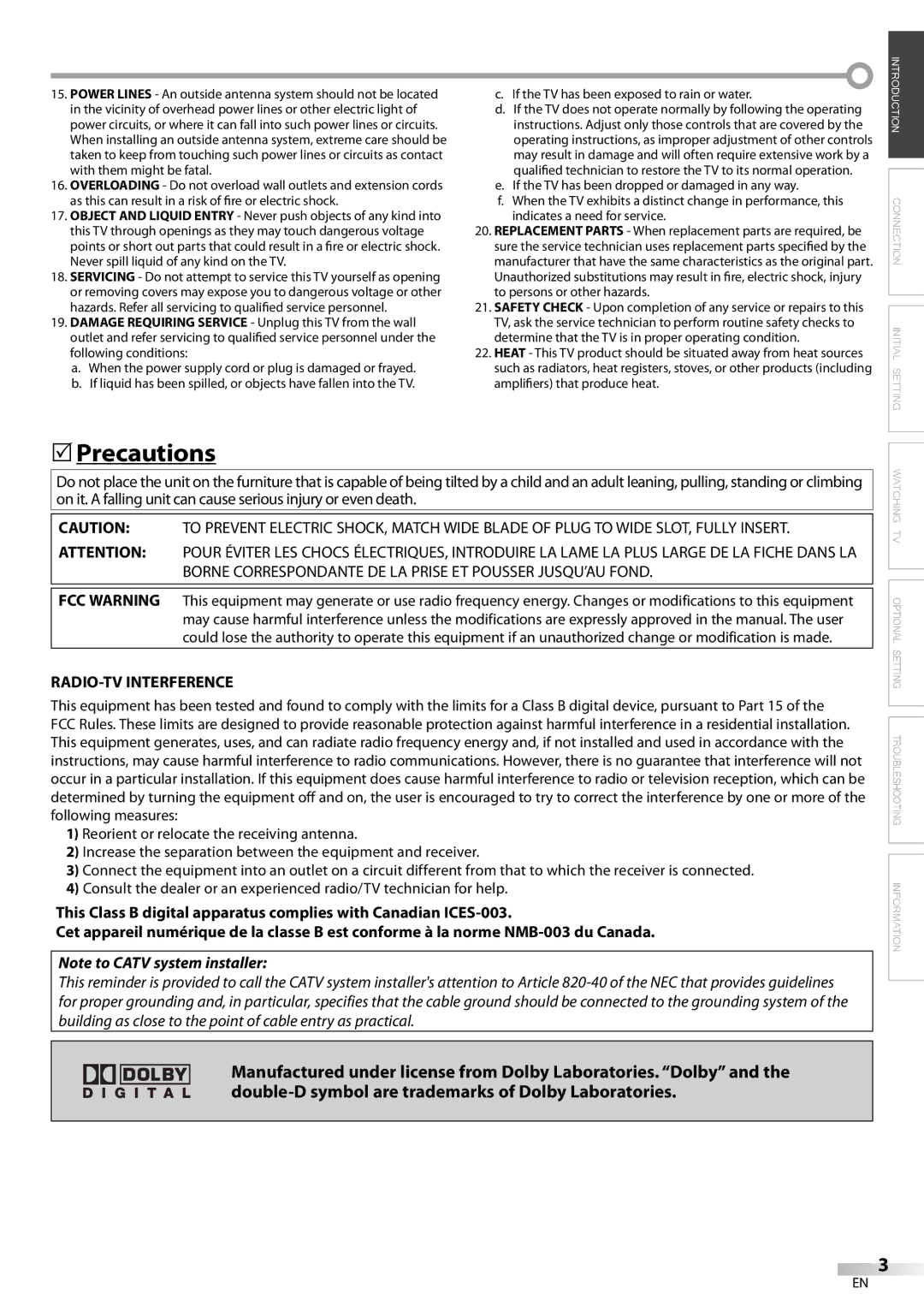 FUNAI CR202EM9 owner manual Precautions, RADIO-TV Interference 