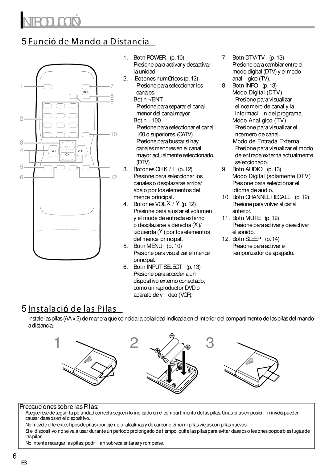 FUNAI CR202EM9 owner manual 5Función de Mando a Distancia, 5Instalación de las Pilas 