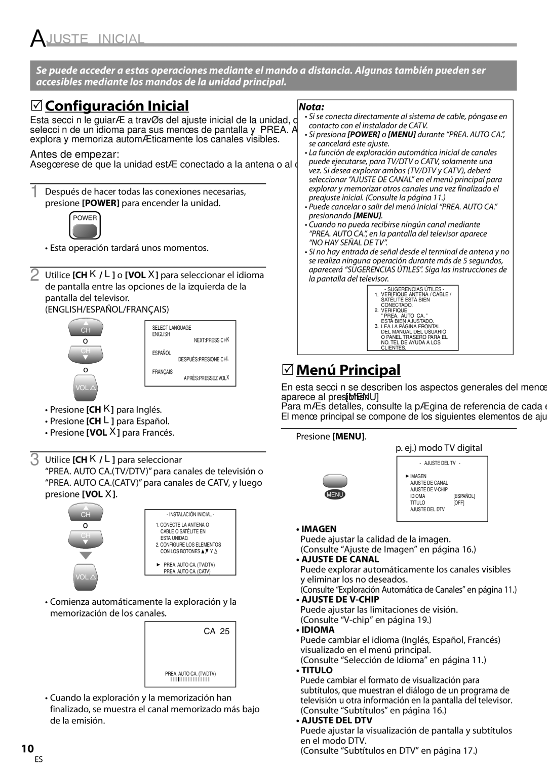 FUNAI CR202EM9 owner manual Ajuste Inicial, 5Configuración Inicial, 5Menú Principal 