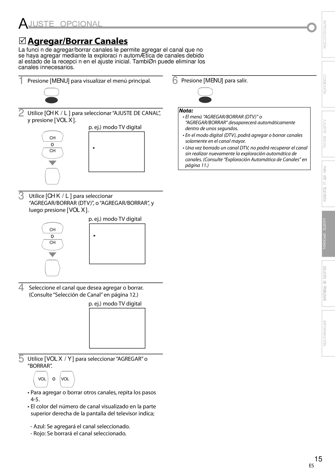 FUNAI CR202EM9 owner manual Ajuste Opcional, 5Agregar/Borrar Canales, Utilice VOL X / Y para seleccionar Agregar o Borrar 