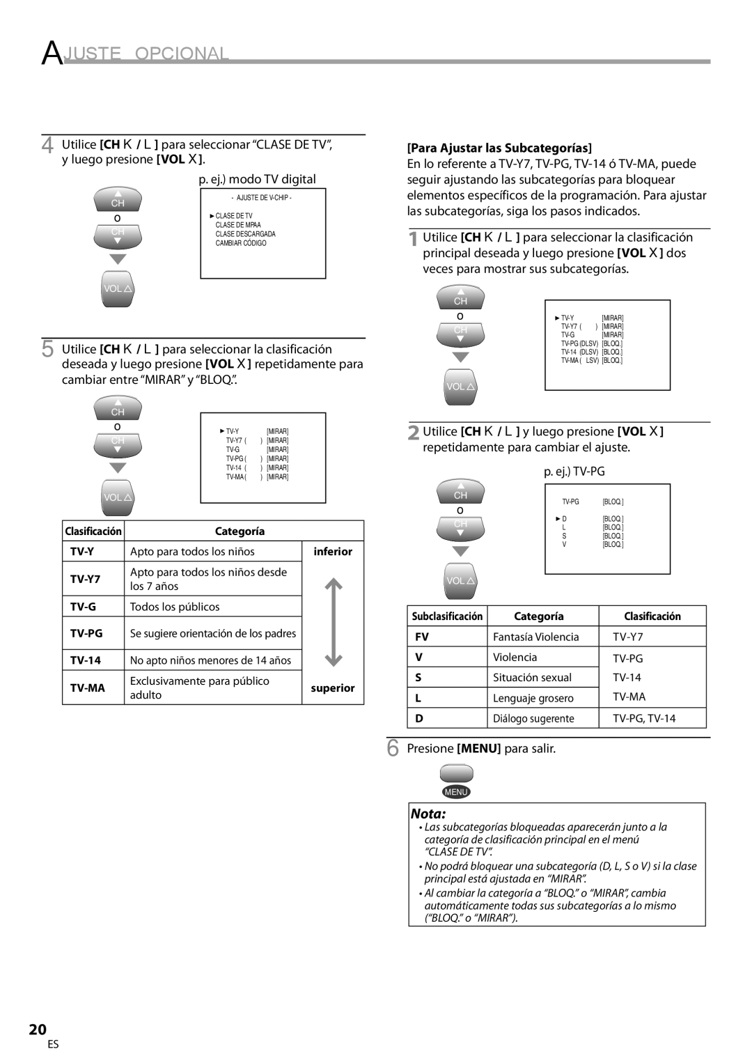 FUNAI CR202EM9 owner manual Clase de TV, Para Ajustar las Subcategorías 