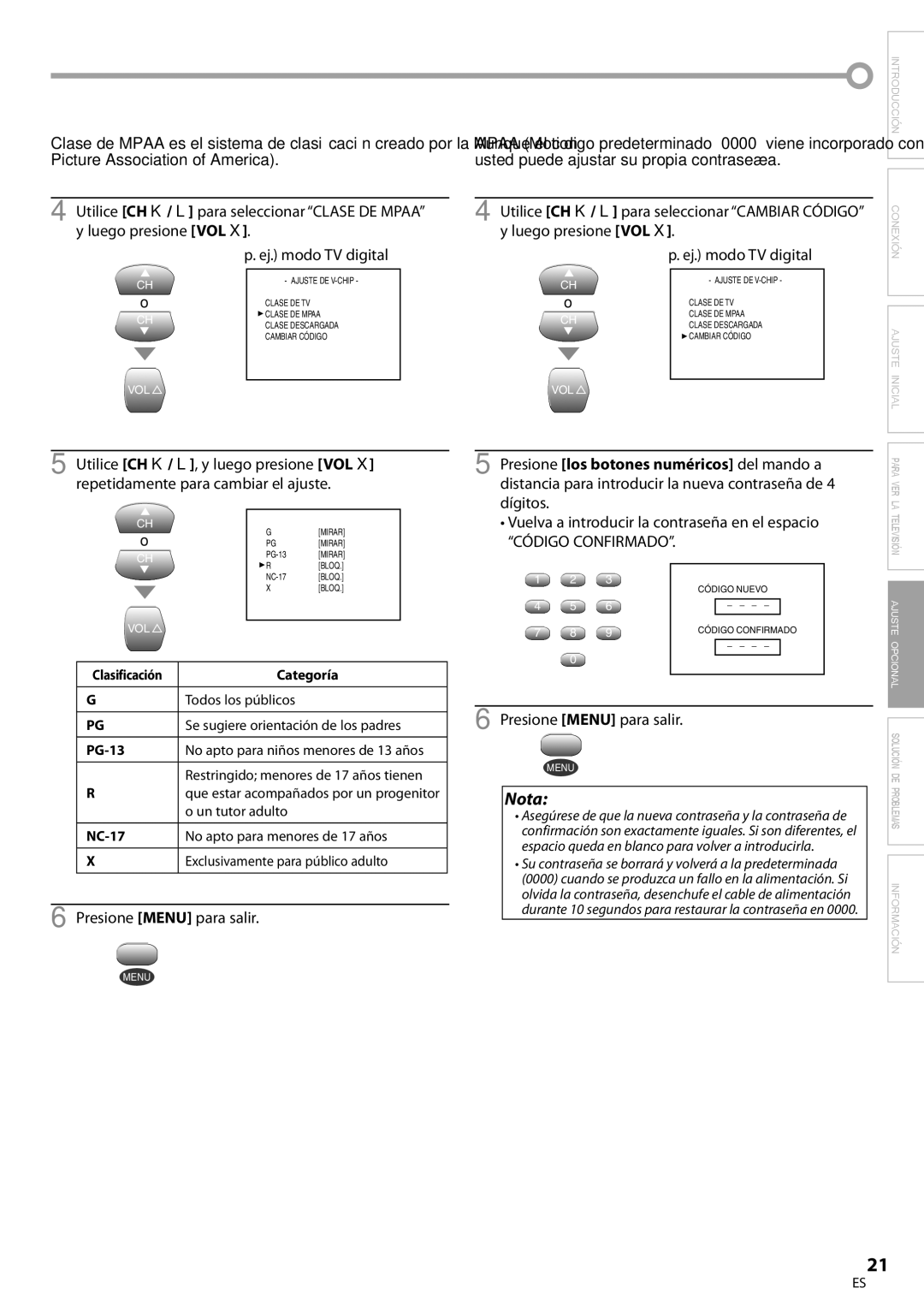 FUNAI CR202EM9 owner manual Clase de Mpaa, Vuelva a introducir la contraseña en el espacio 