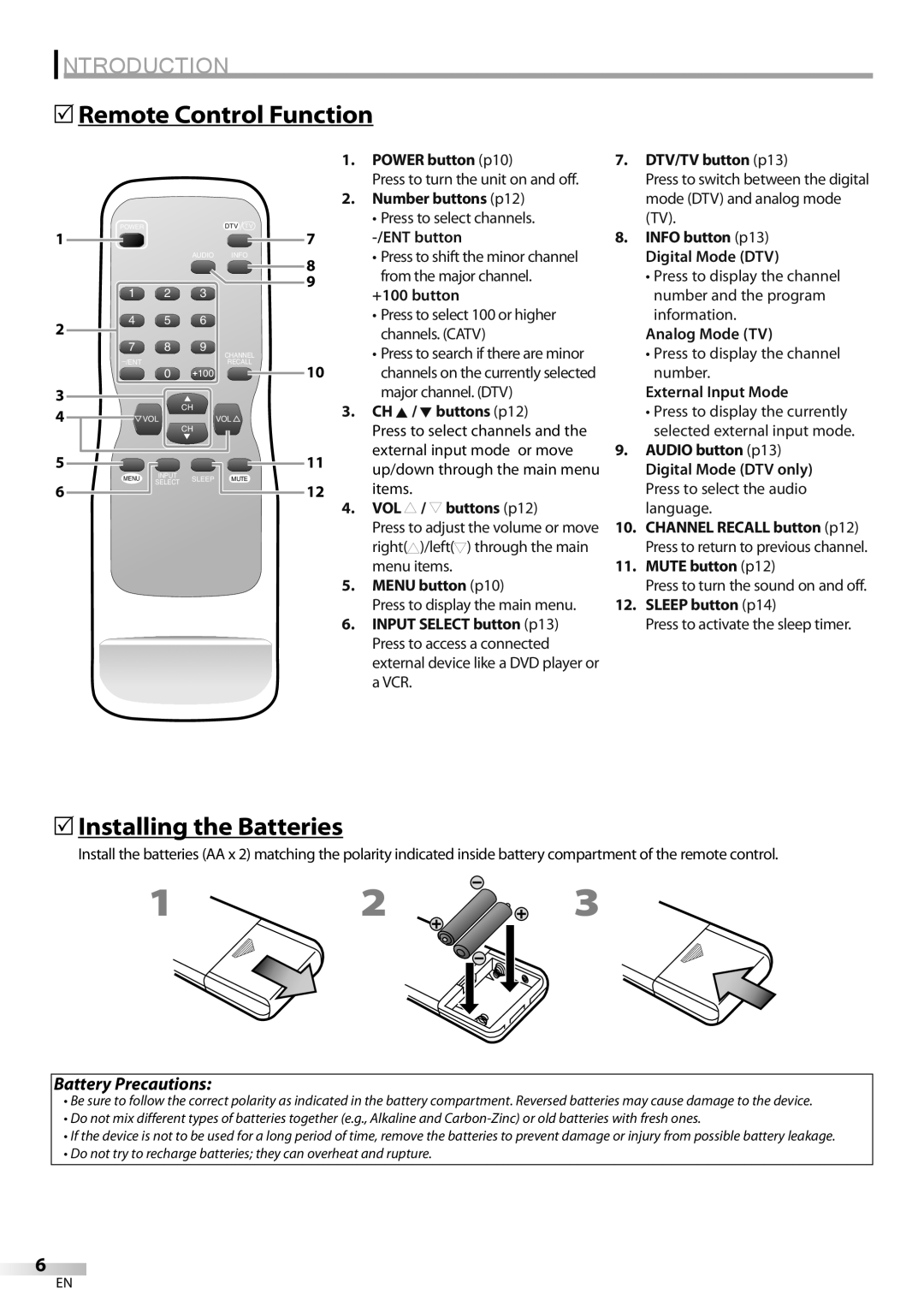 FUNAI CR202EM9 owner manual 5Remote Control Function, 5Installing the Batteries 