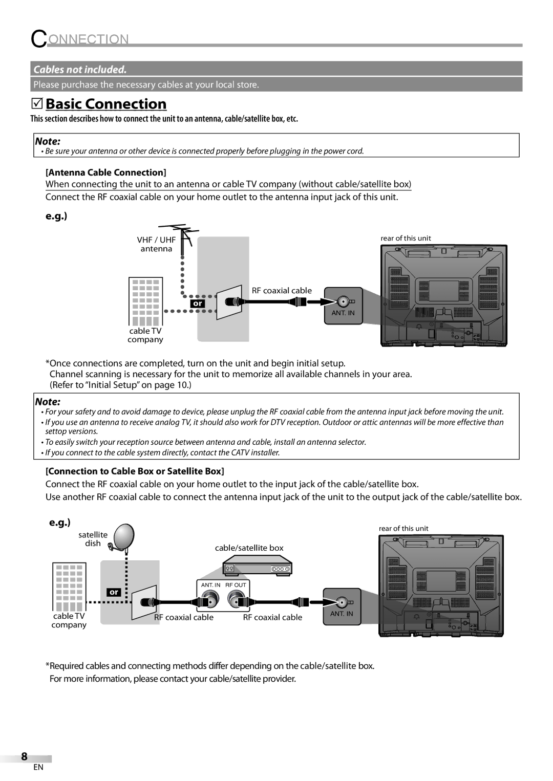 FUNAI CR202EM9 owner manual 5Basic Connection, Antenna Cable Connection, Connection to Cable Box or Satellite Box 