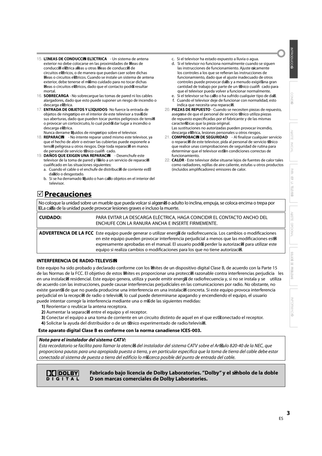 FUNAI CR202TT9 owner manual Precauciones, Cuidado, Interferencia DE RADIO-TELEVISIÓN 