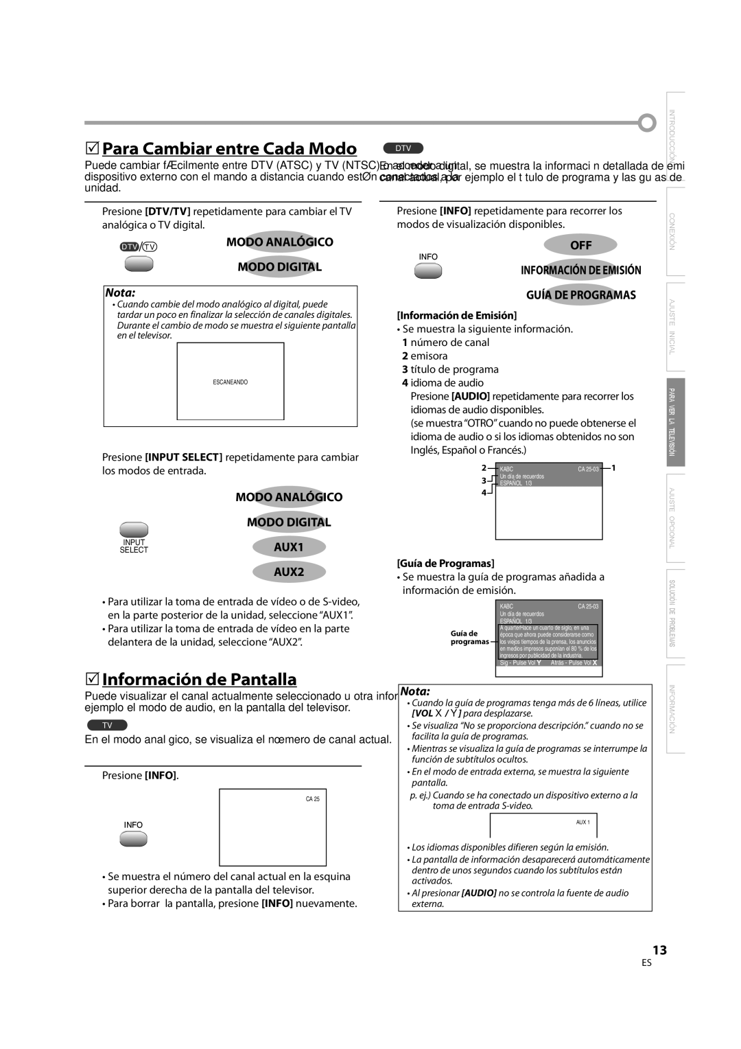 FUNAI CR202TT9 owner manual 5Para Cambiar entre Cada Modo, 5Información de Pantalla 