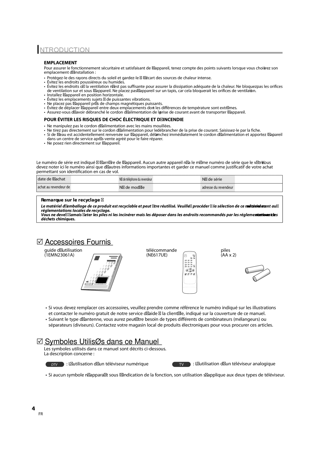 FUNAI CR202TT9 owner manual 5Accessoires Fournis, 5Symboles Utilisés dans ce Manuel, Emplacement 