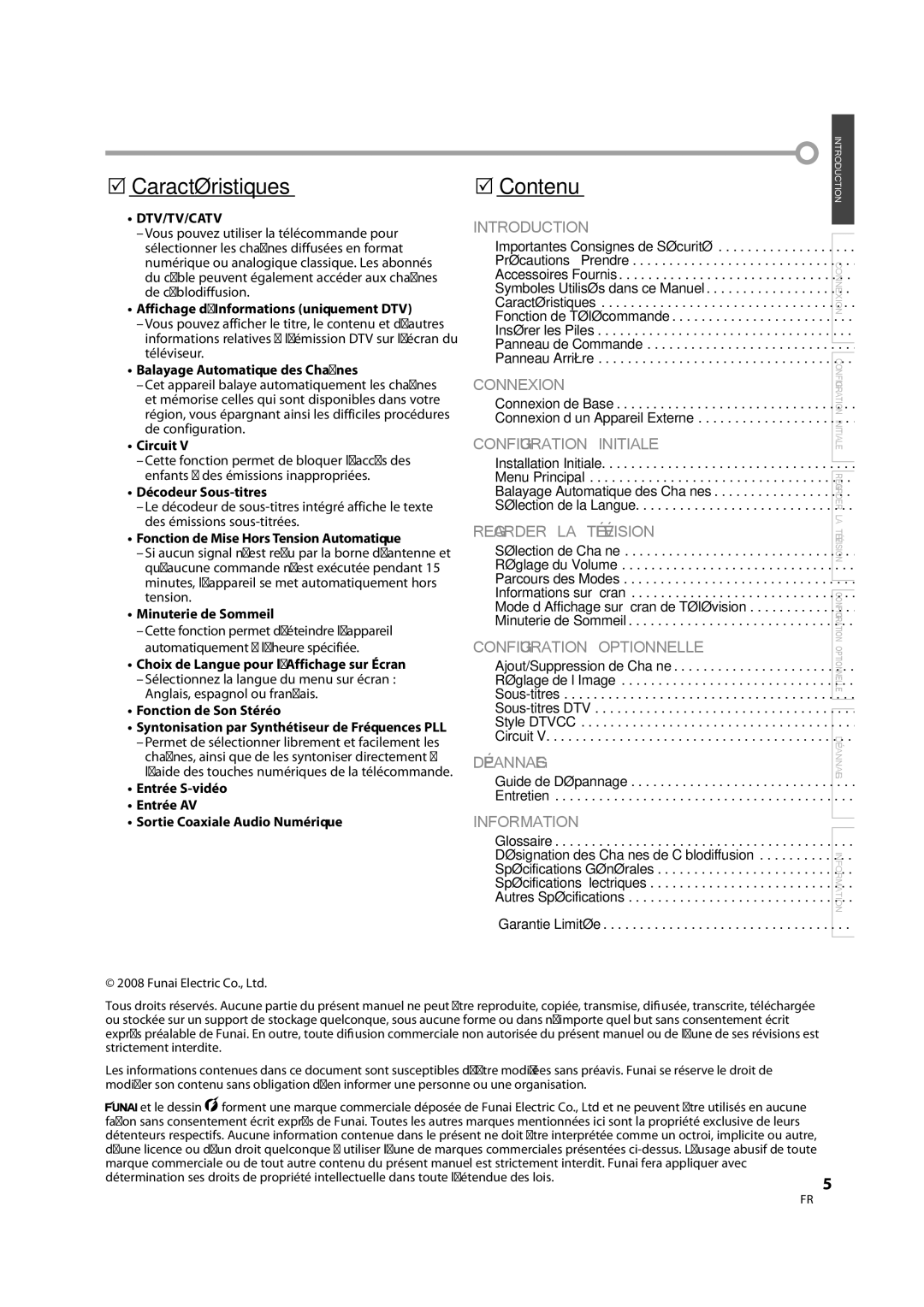 FUNAI CR202TT9 owner manual Caractéristiques, Contenu 