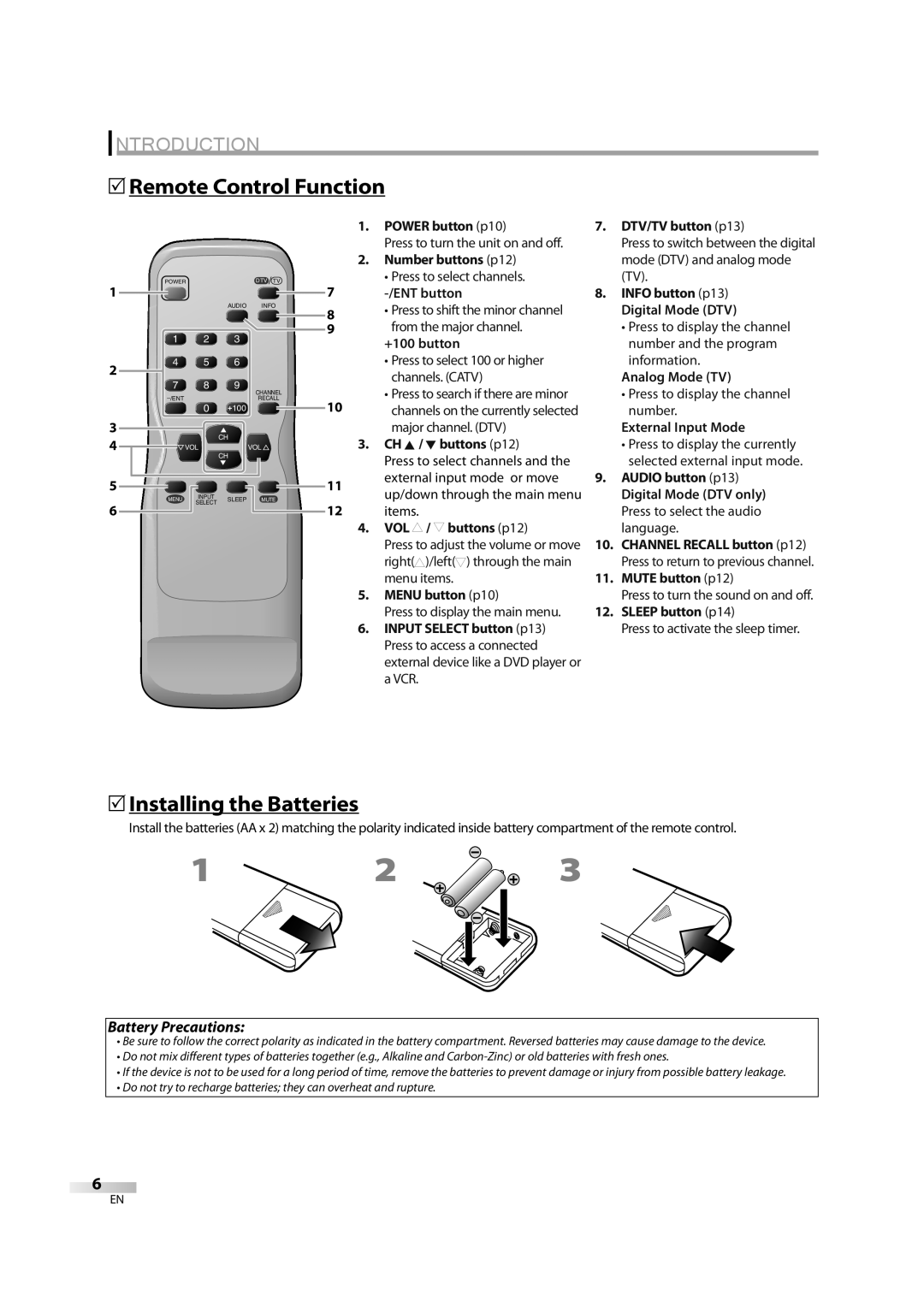 FUNAI CR202TT9 owner manual 5Remote Control Function, 5Installing the Batteries 