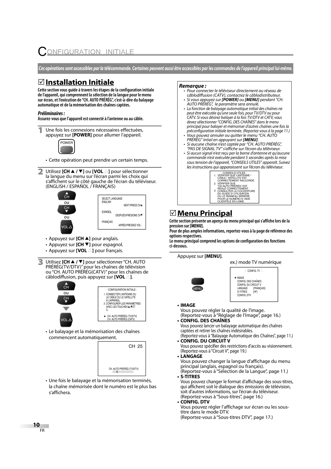 FUNAI CR202TT9 owner manual Configuration Initiale, 5Installation Initiale, 5Menu Principal 