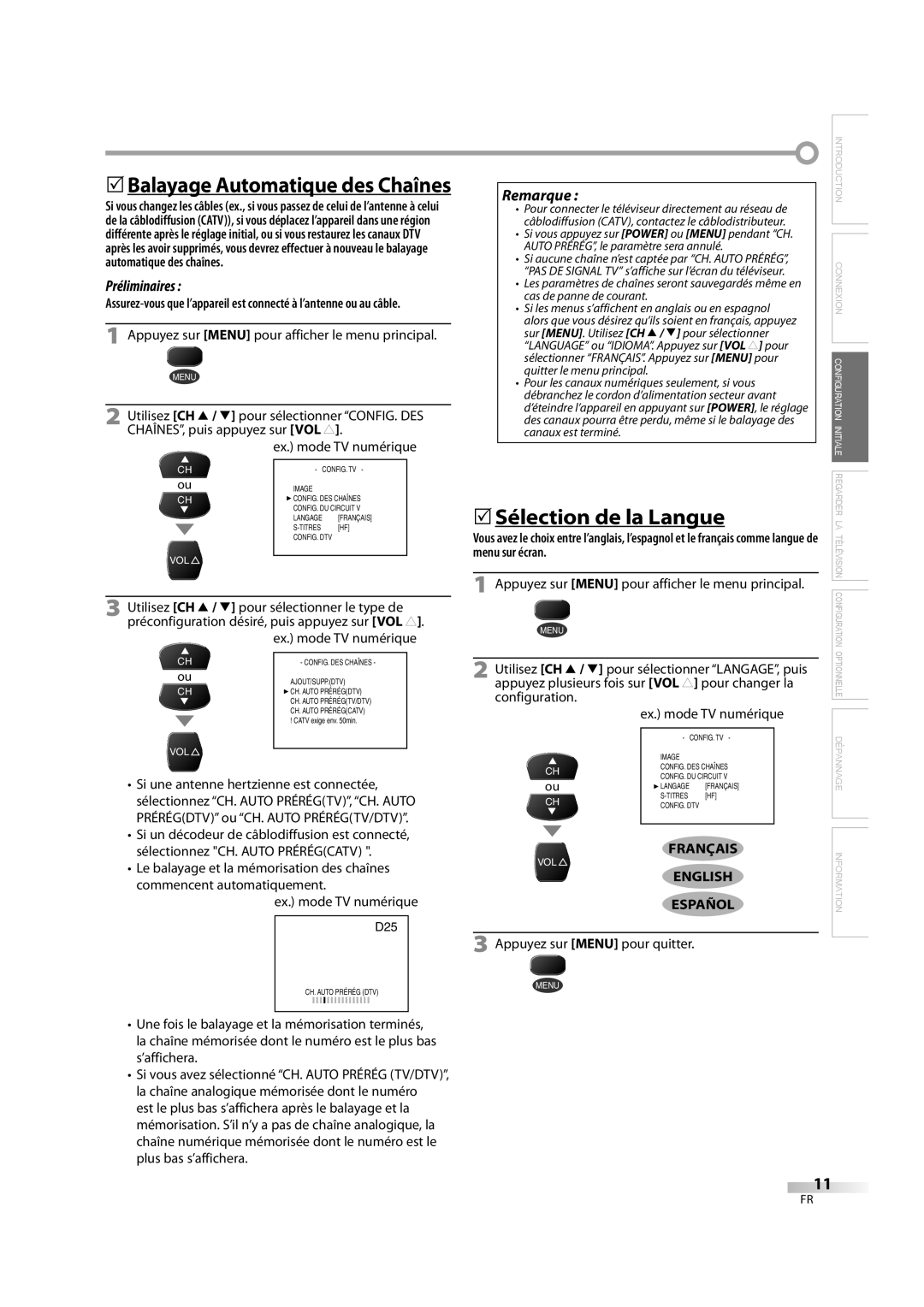 FUNAI CR202TT9 owner manual 5Sélection de la Langue, Appuyez sur Menu pour afficher le menu principal, English Español 