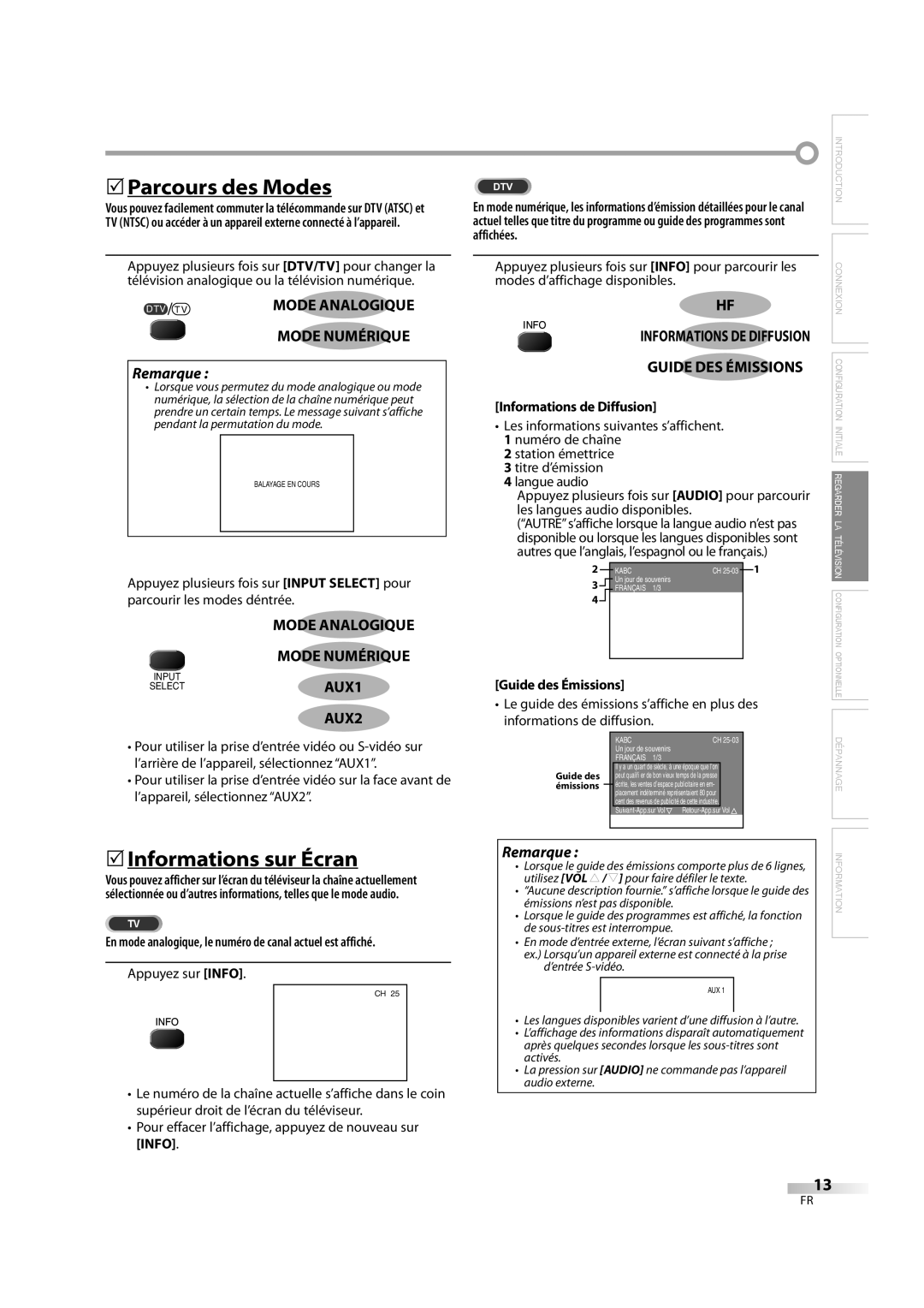 FUNAI CR202TT9 owner manual 5Parcours des Modes, 5Informations sur Écran 