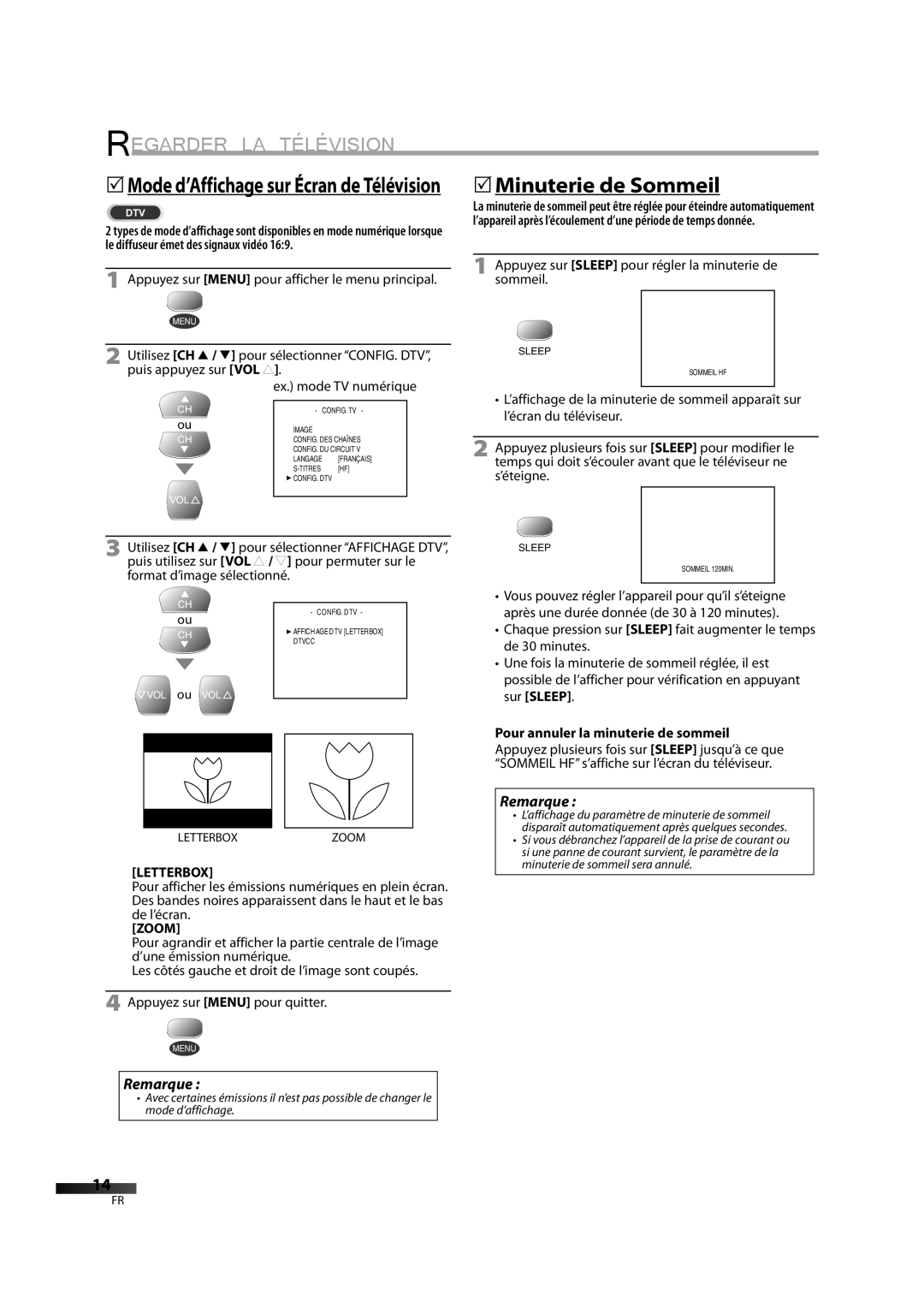 FUNAI CR202TT9 owner manual 5Minuterie de Sommeil, Appuyezsommeil. sur Sleep pour régler la minuterie de, Letterbox 