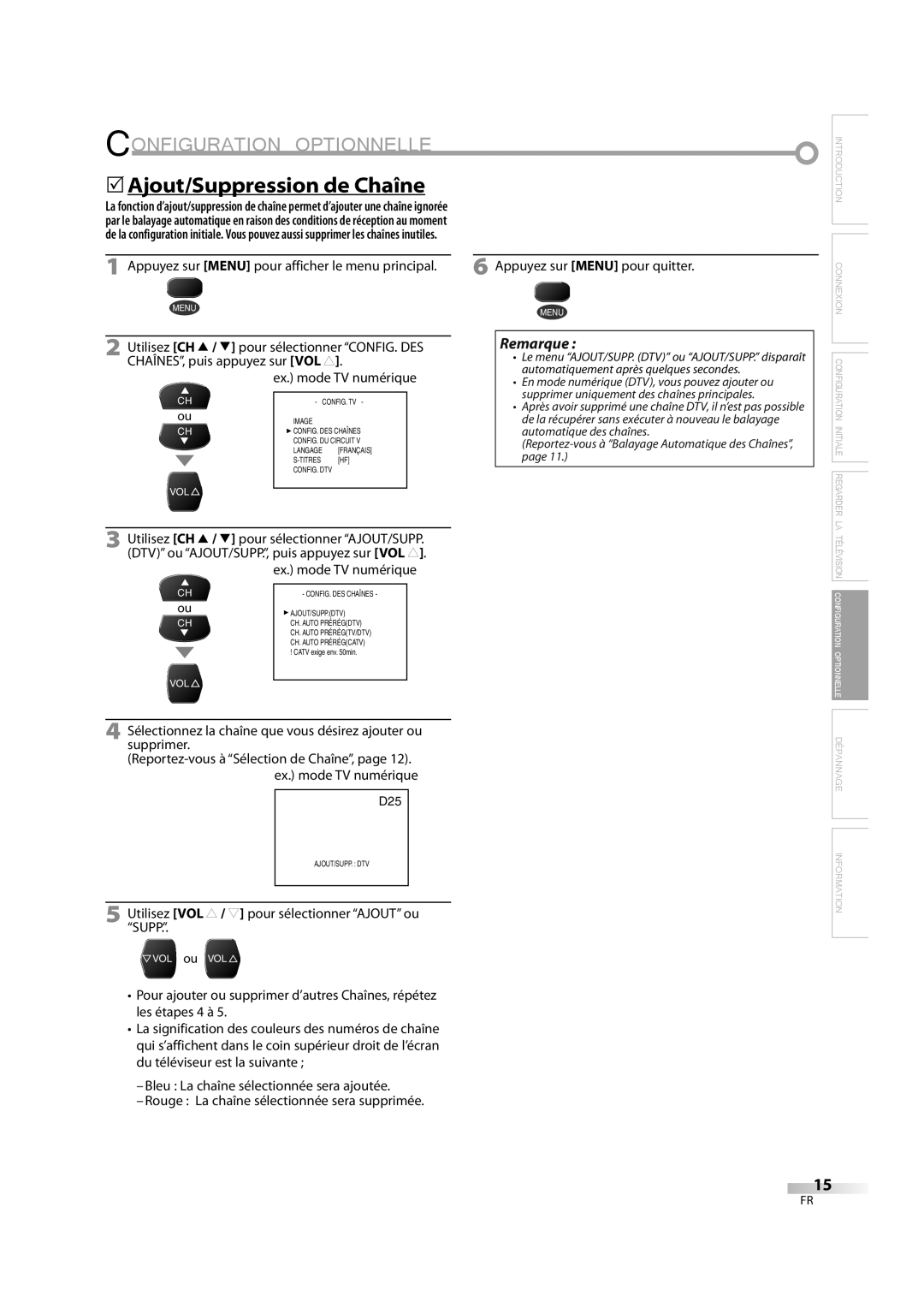 FUNAI CR202TT9 owner manual Configuration Optionnelle, 5Ajout/Suppression de Chaîne 