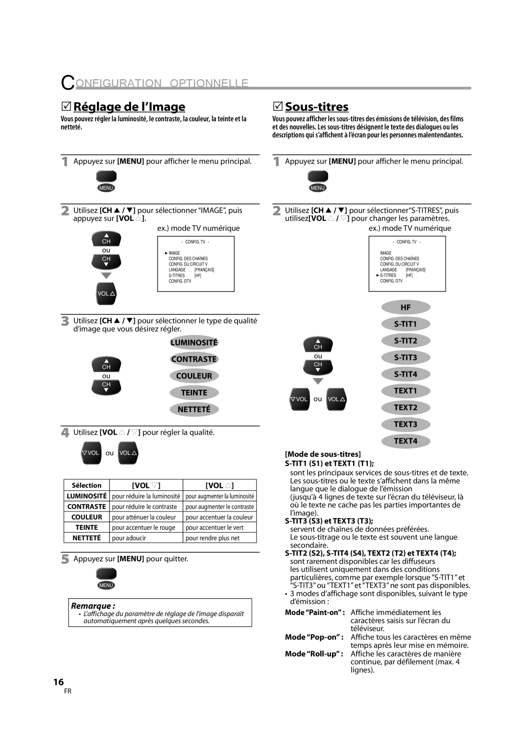 FUNAI CR202TT9 owner manual 5Réglage de l’Image, Luminosité Contraste, OuCOULEUR, Teinte Netteté, TIT3 S3 et TEXT3 T3 