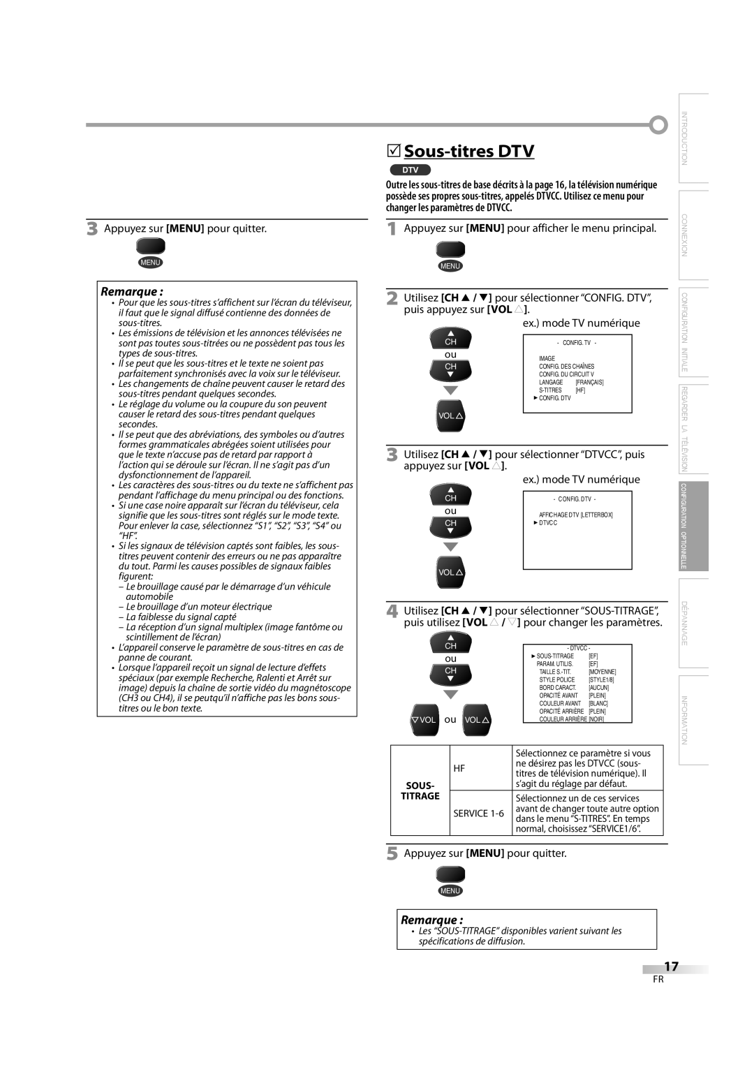 FUNAI CR202TT9 owner manual Sous-titres DTV, Utilisez CH K / L pour sélectionner CONFIG. DTV 