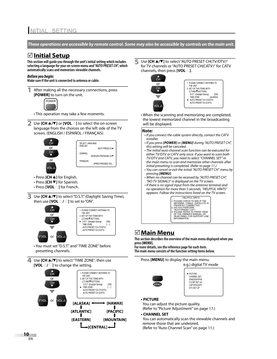 FUNAI CR270TT8 owner manual Initial Setting, 5Initial Setup, 5Main Menu 