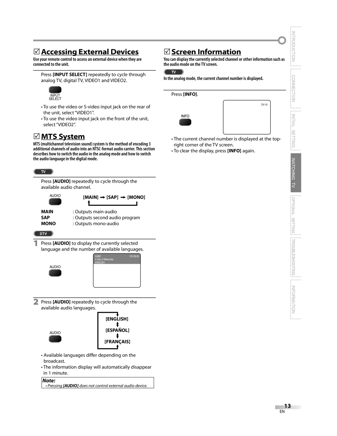 FUNAI CR270TT8 owner manual 5Accessing External Devices, 5MTS System, 5Screen Information 