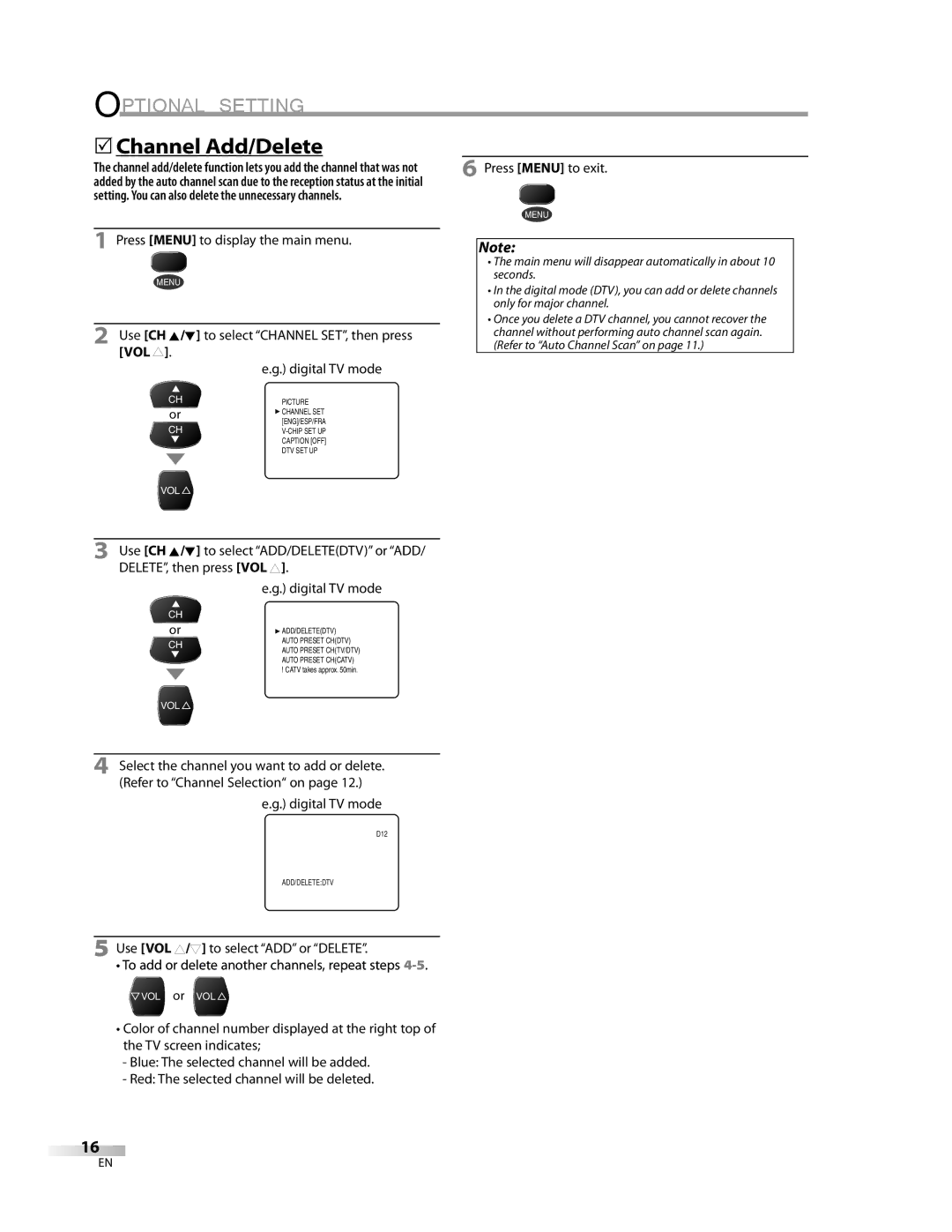 FUNAI CR270TT8 owner manual Optional Setting, 5Channel Add/Delete, Press Menu to exit 