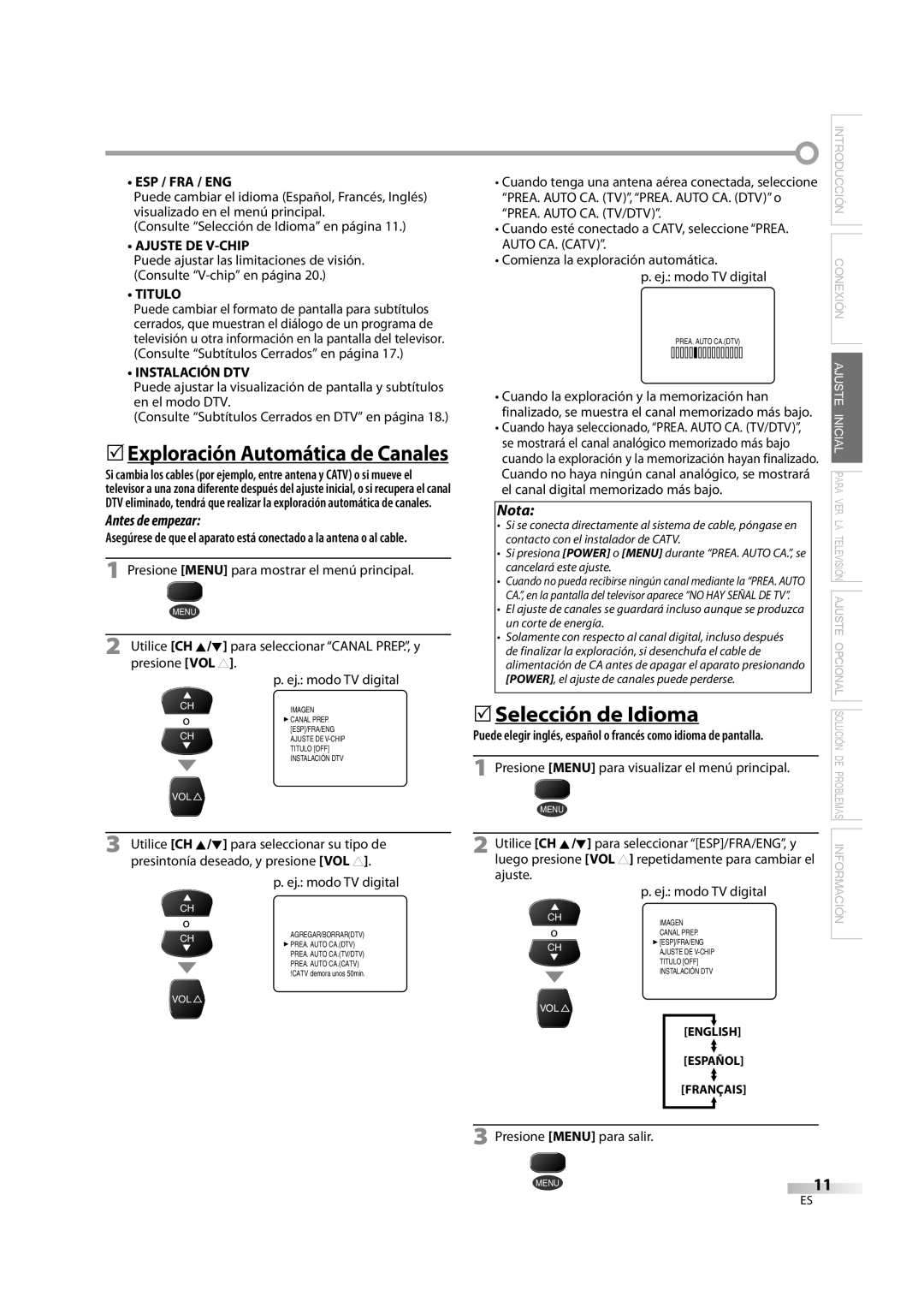 FUNAI CR270TT8 owner manual 5Selección de Idioma, Esp / Fra / Eng, Ajuste DE V-CHIP, Titulo, Instalación DTV 