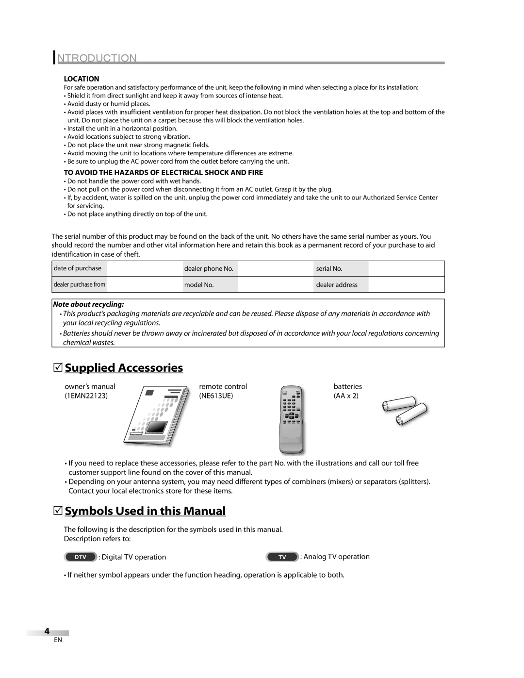 FUNAI CR270TT8 owner manual 5Supplied Accessories, 5Symbols Used in this Manual, Location 